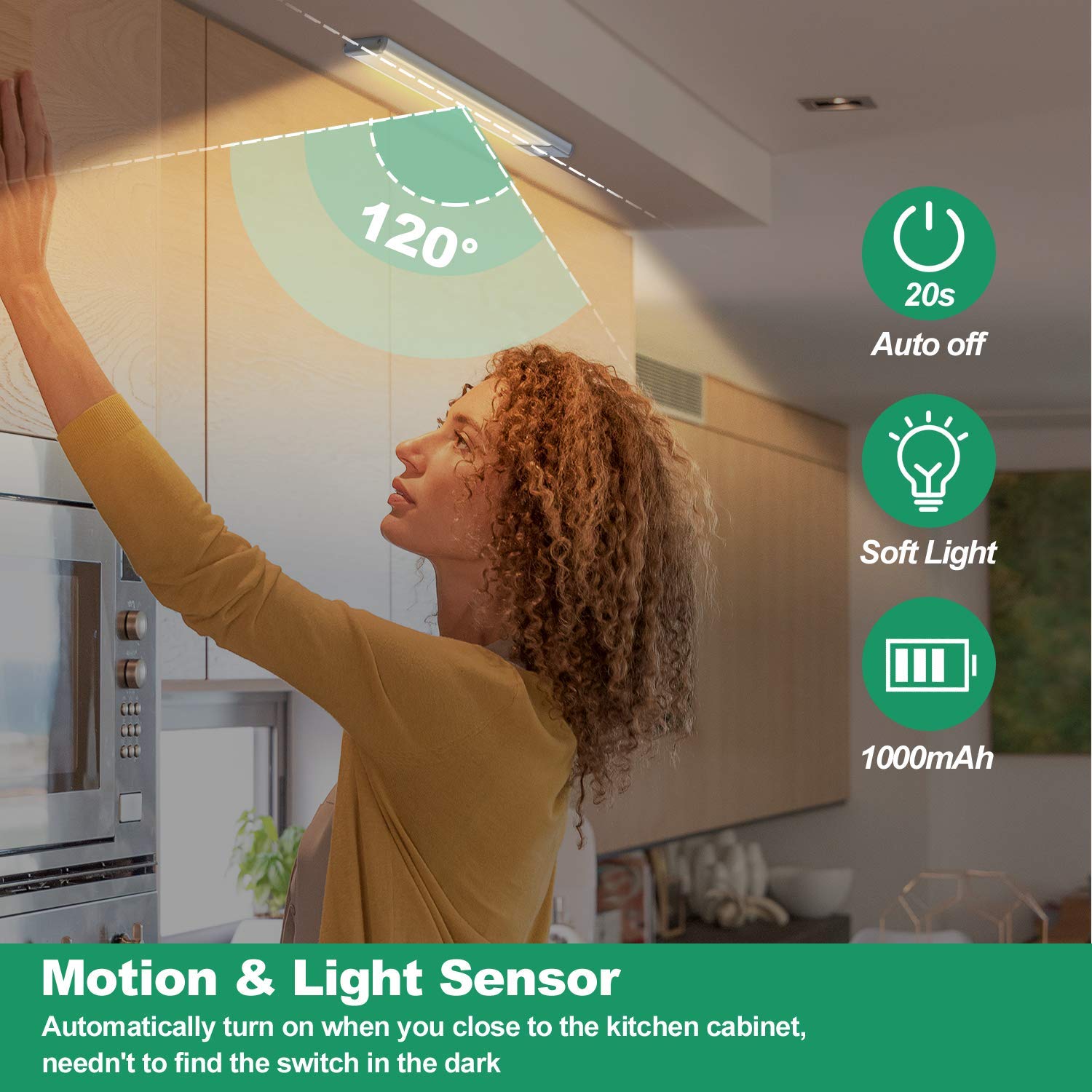 Hiboitec Led Under Cabinet Lighting, Motion Sensor, 30 Leds, Warm White, Rechargeable, 2-Pack