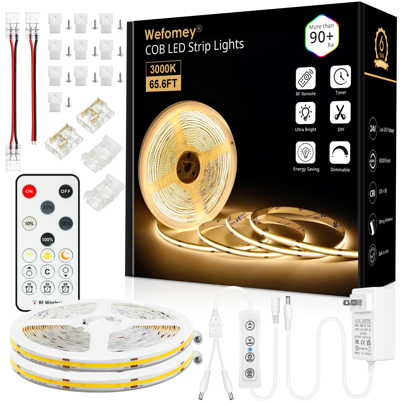 Wefomey 65.6Ft Cob Led Strip Light With Remote  3000K Dimmable Bright Warm White Led Lights Strip  Flexible Dc24V Led Tape Light For Bedroom  Kitchen  Diy Lighting (2 Rolls Of 32.8Ft)