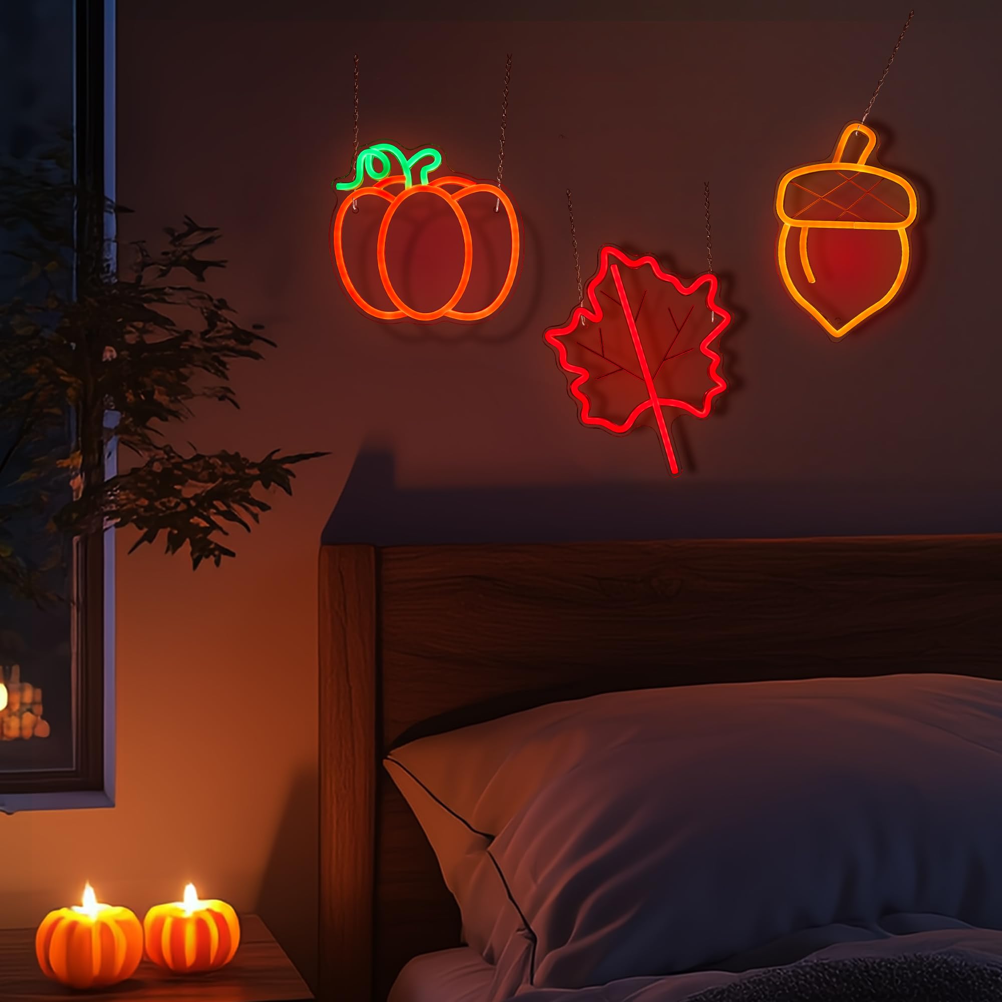Hanna Roberts 3 Pcsthanksgiving Neon Sign  Pumpkin Maple Leaf Acorn Neon Led Lights  Usb Powered Window Lights For Halloween Thanksgiving Party  3D Wall Art Signs For Home Bedroom Living Room