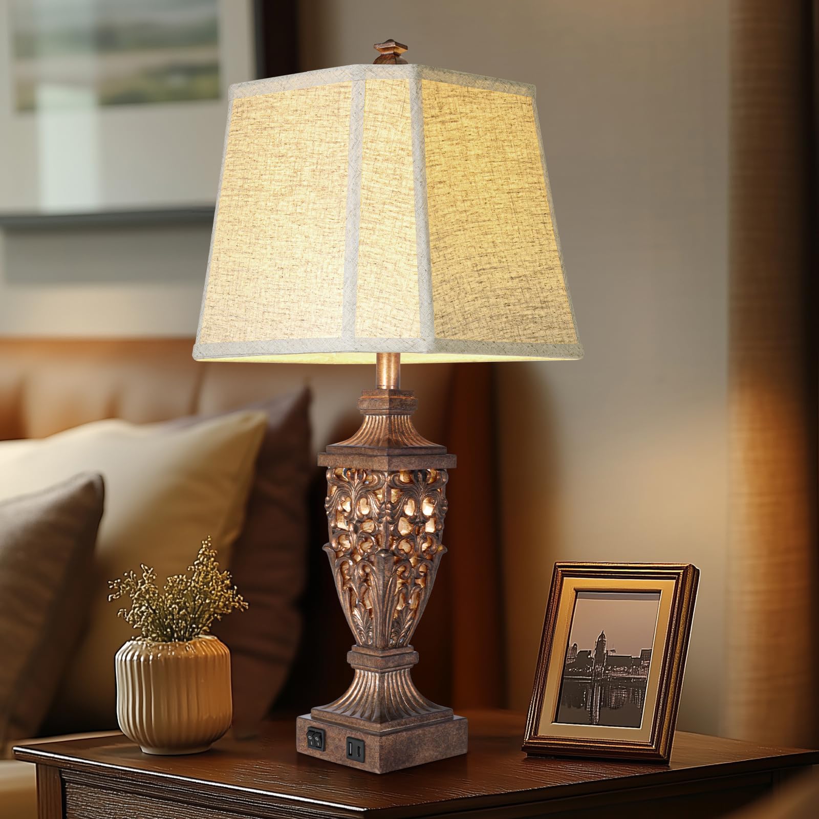 28.5'' Vintage Bronze Table Lamps Set Of 2 With Night Light,Lamps For Nightstand With Beige Linen Cut Corner Shade,Bedside Lamp