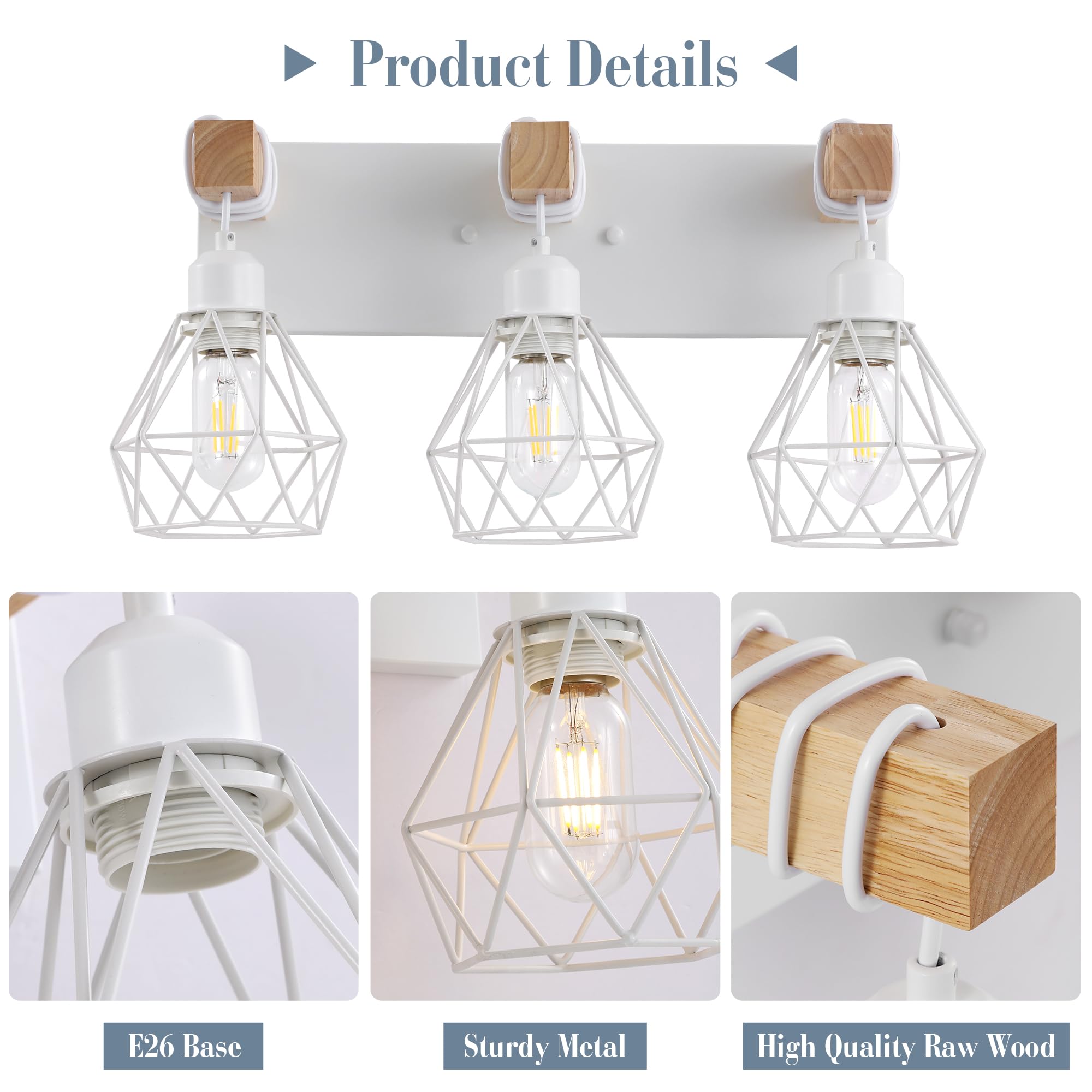Farmhouse Vanity Light For Bathroom  3-Light White Wood Bathroom Vanity Light Fixtures Over Mirror  Rustic Sconces Wall Lighting With Metal Lampshade For Living Room  Bedroom  Hallway