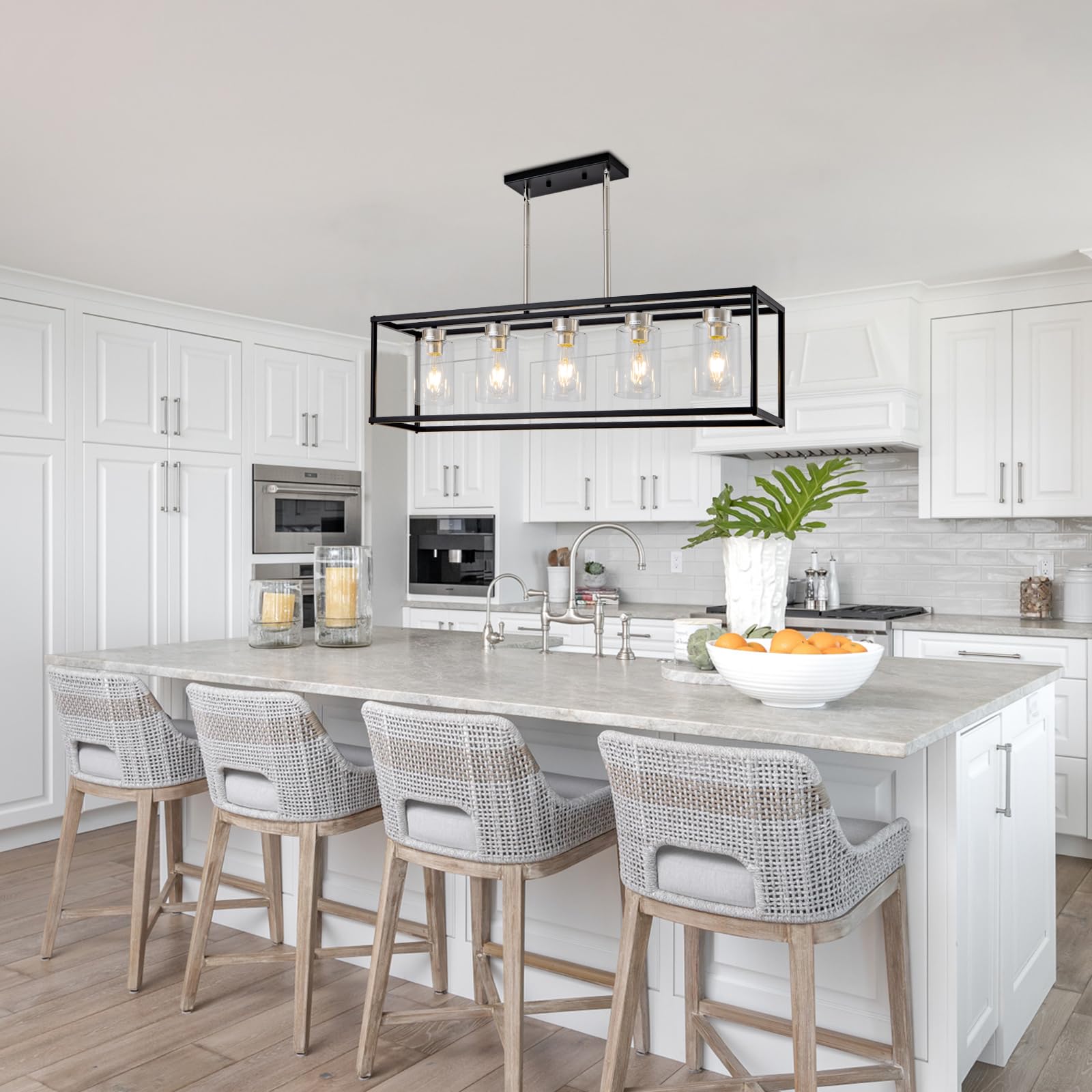 Hccz 5-Light Modern Farmhouse Chandelier, Black & Brushed Nickel Pendant Light For Dining Room