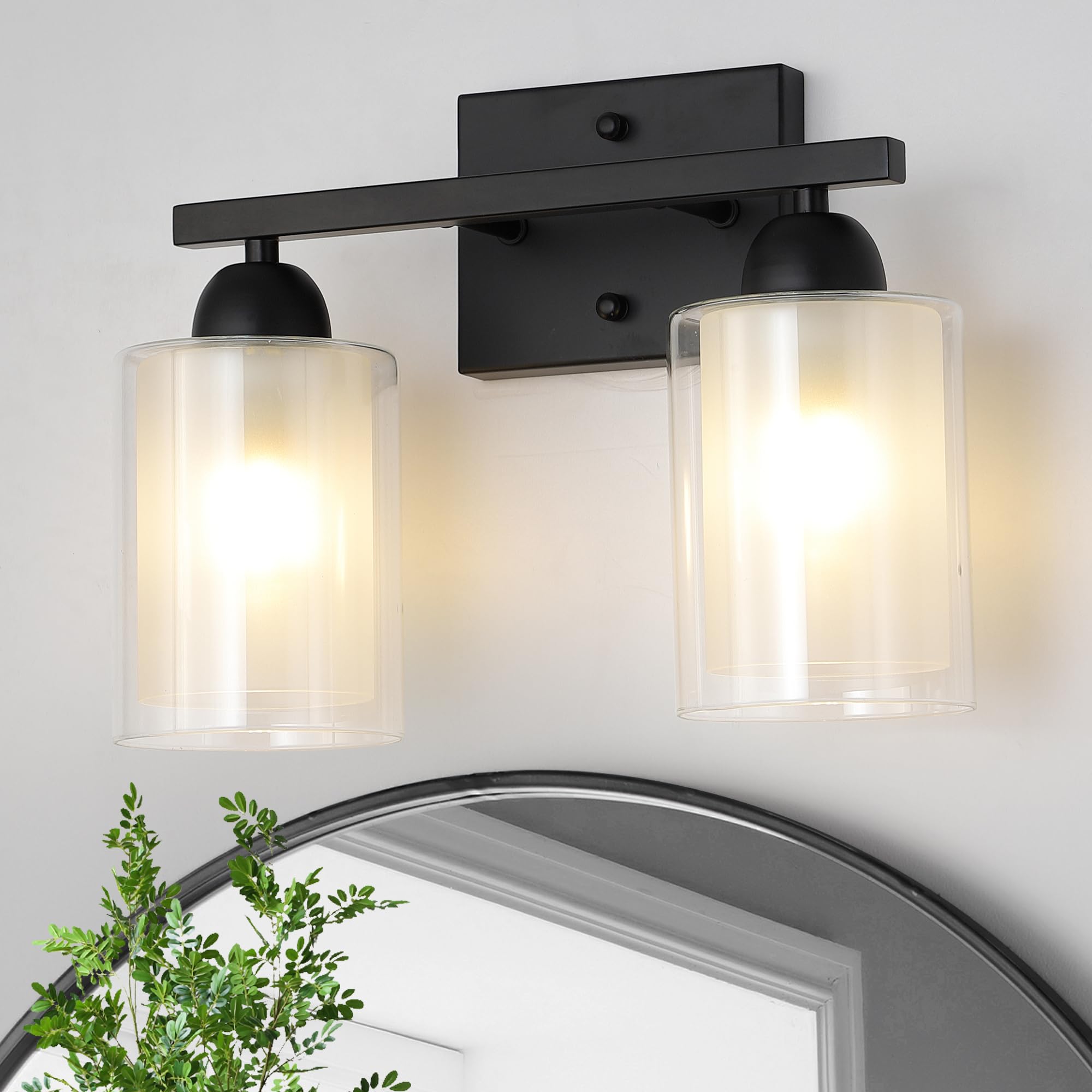 Mecgirn 2 Light Bathroom Vanity Light, Matte Black, Stainless Steel with Clear and Milk Glass Shades, Model B0007-2-Black