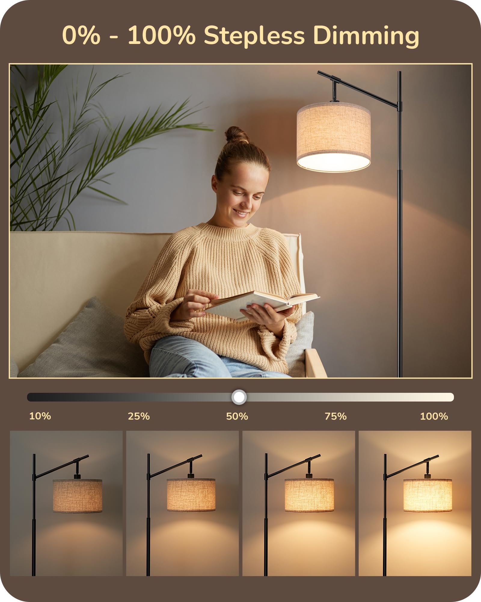 EDISHINE Modern Dimmable Floor Lamp, 63.8in Black Metal Standing Lamp with Remote Control, E26 Socket, Beige Shade