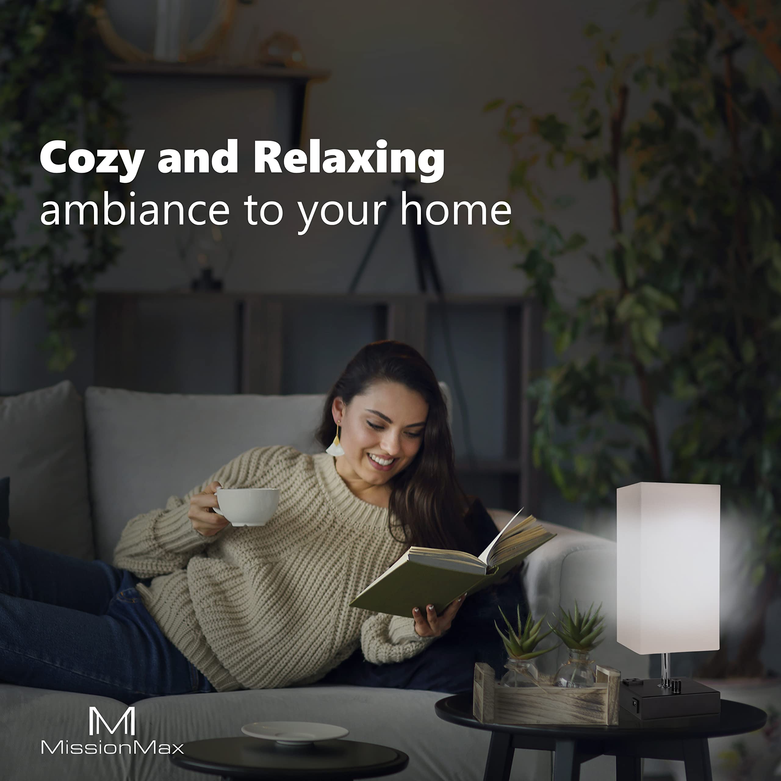 Missionmax Modern Table Lamp White Small 100% Dimmable With 2 Fast Charge Usb Ports & Grounded Outlet. Great Table Lamps For Bed