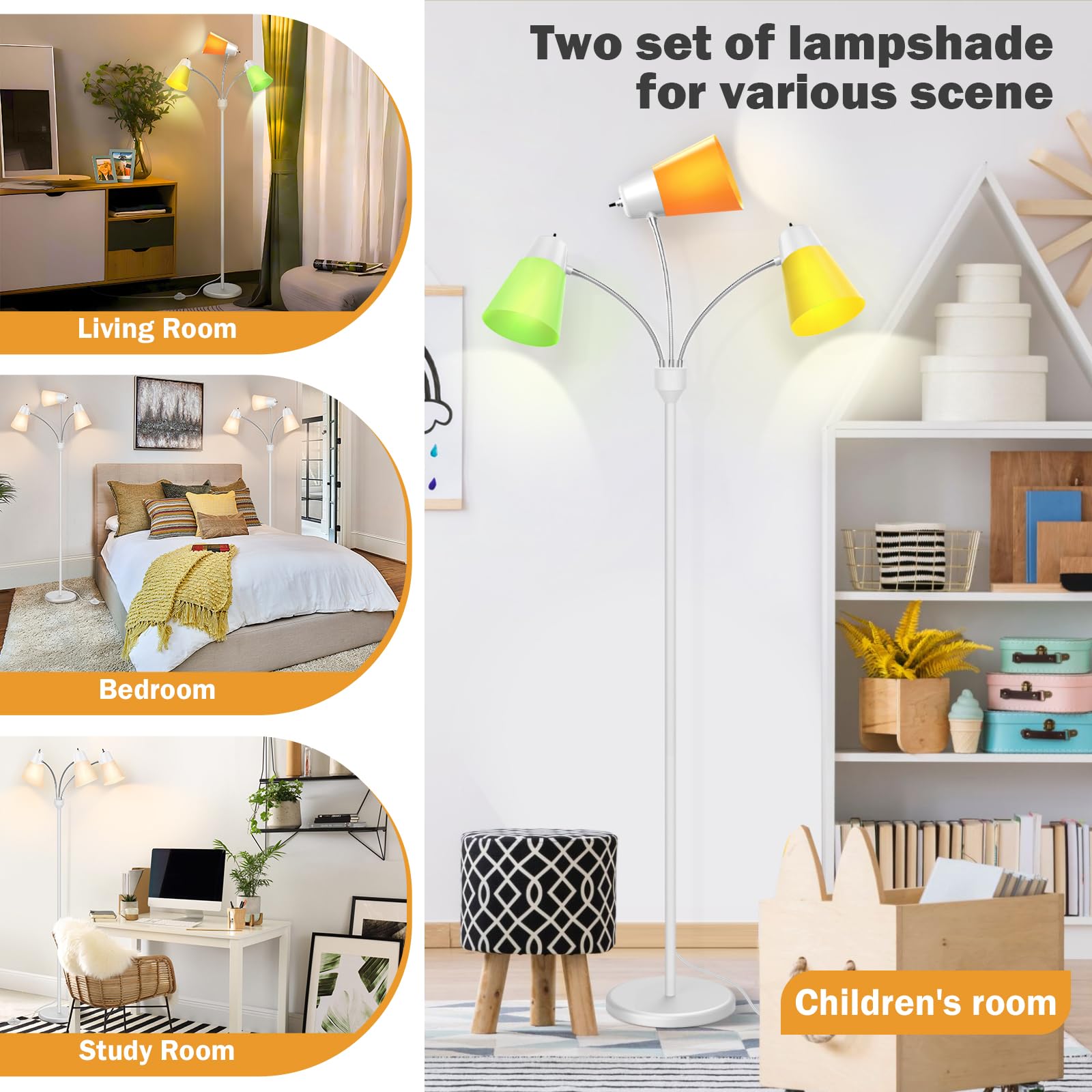 FOLKSMATE LED Floor Lamp, Medusa 3-Head Adjustable Gooseneck Light, Modern Design for Living Room, White