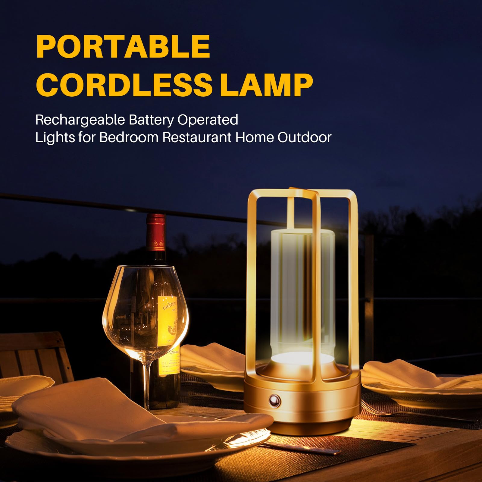 UMLAEN Rechargeable Table Lamp, 3 Color Stepless Dimming, Metal, Gold, 1 Pack, Model BG6004JS