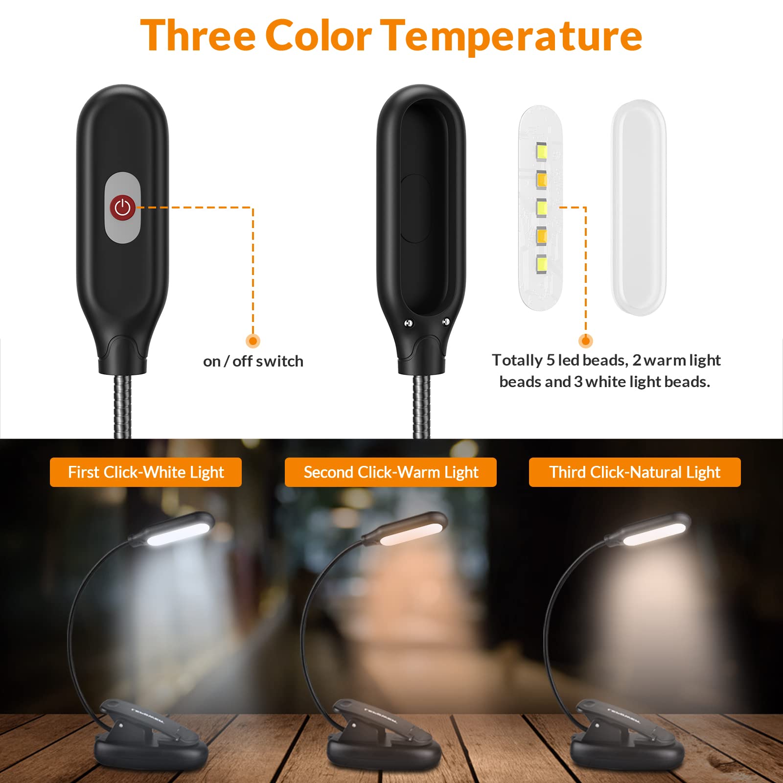 Lepower Clip-On Book Light With 5 Led Eye Care, 3 Color Changeable, Portable Reading Lamp, Battery & Usb Operated, Bed Light For