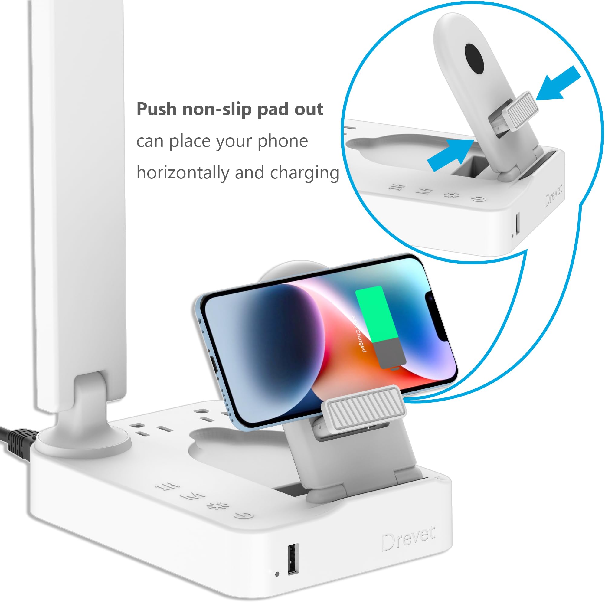 Drevet Led Desk Lamp With Wireless Charger, Desk Table Light With Usb Charging Port And 2 Outlets, 3 Lighting Modes, 3 Level Bri