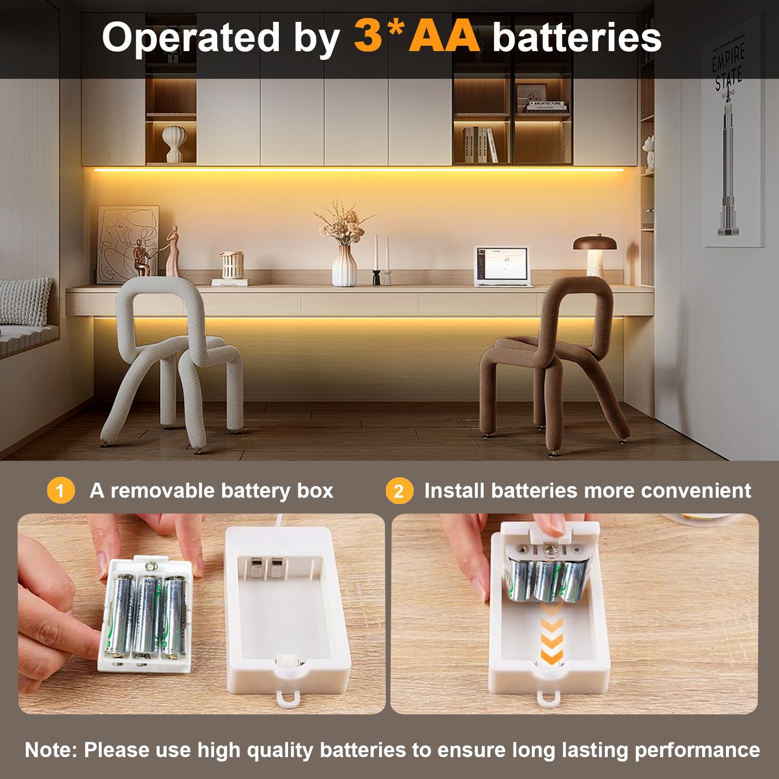 BSGlobal 2 Pack COB LED Strip Light, 6.6Ft, 640 LEDs, Battery Operated, Warm White, Model S05-BSGX-US-2P-2M-