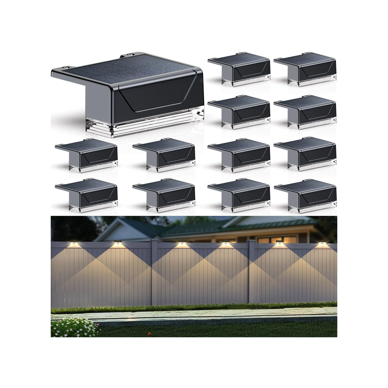 Solar Fence Lights Outdoor - 3000/4000/6000K 3 Mode  IP65 Waterproof Fence Lights Solar Powered  Dusk to Dawn Solar Light for Outside  Backyard/Step/Patio/Deck/Stair Railings and Wall (12 pack)