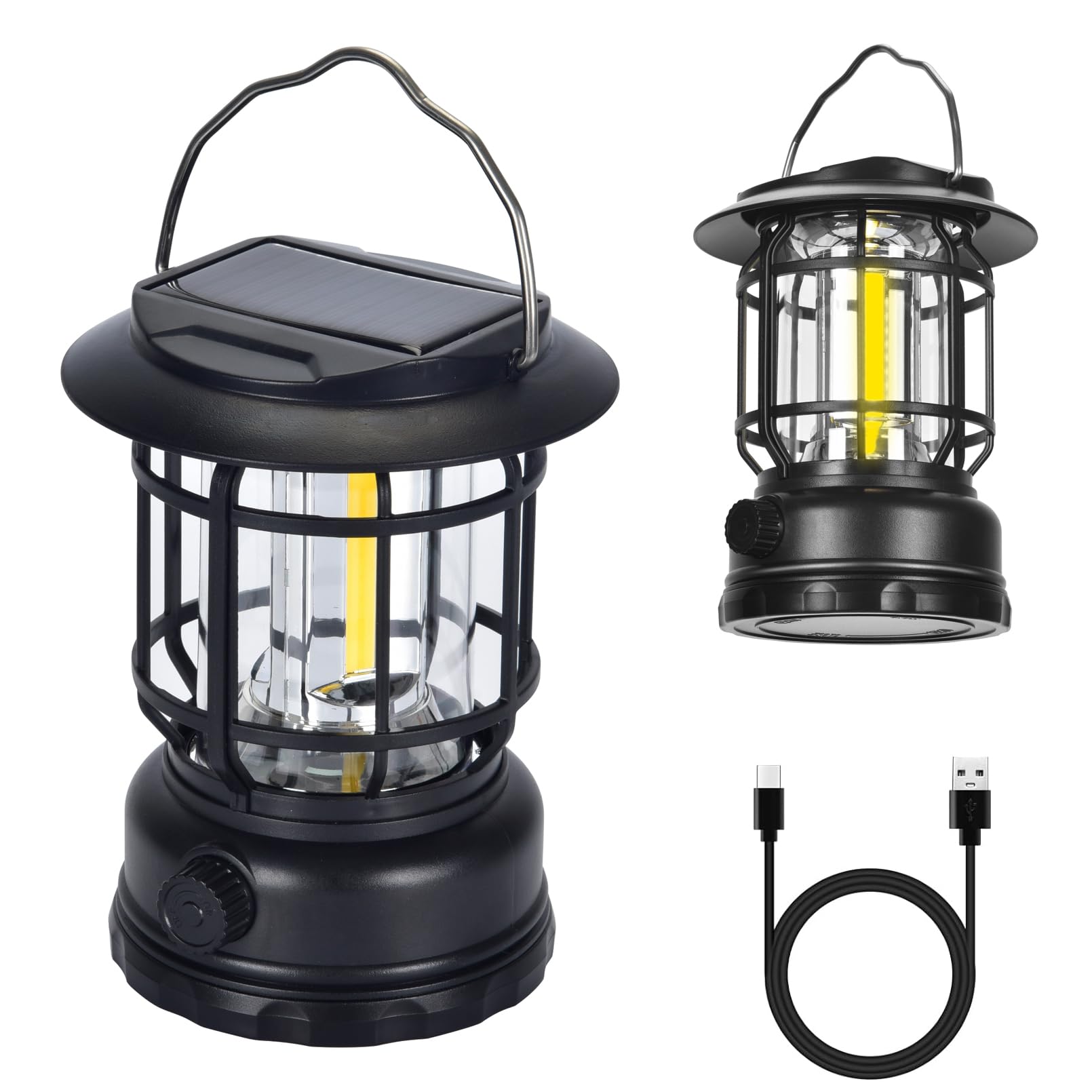 Solar Camping Lantern, USB Rechargeable Retro Dimmable Horse Camp Lamp Outdoor IPX4 Waterproof Vintage Portable Tent Light for I