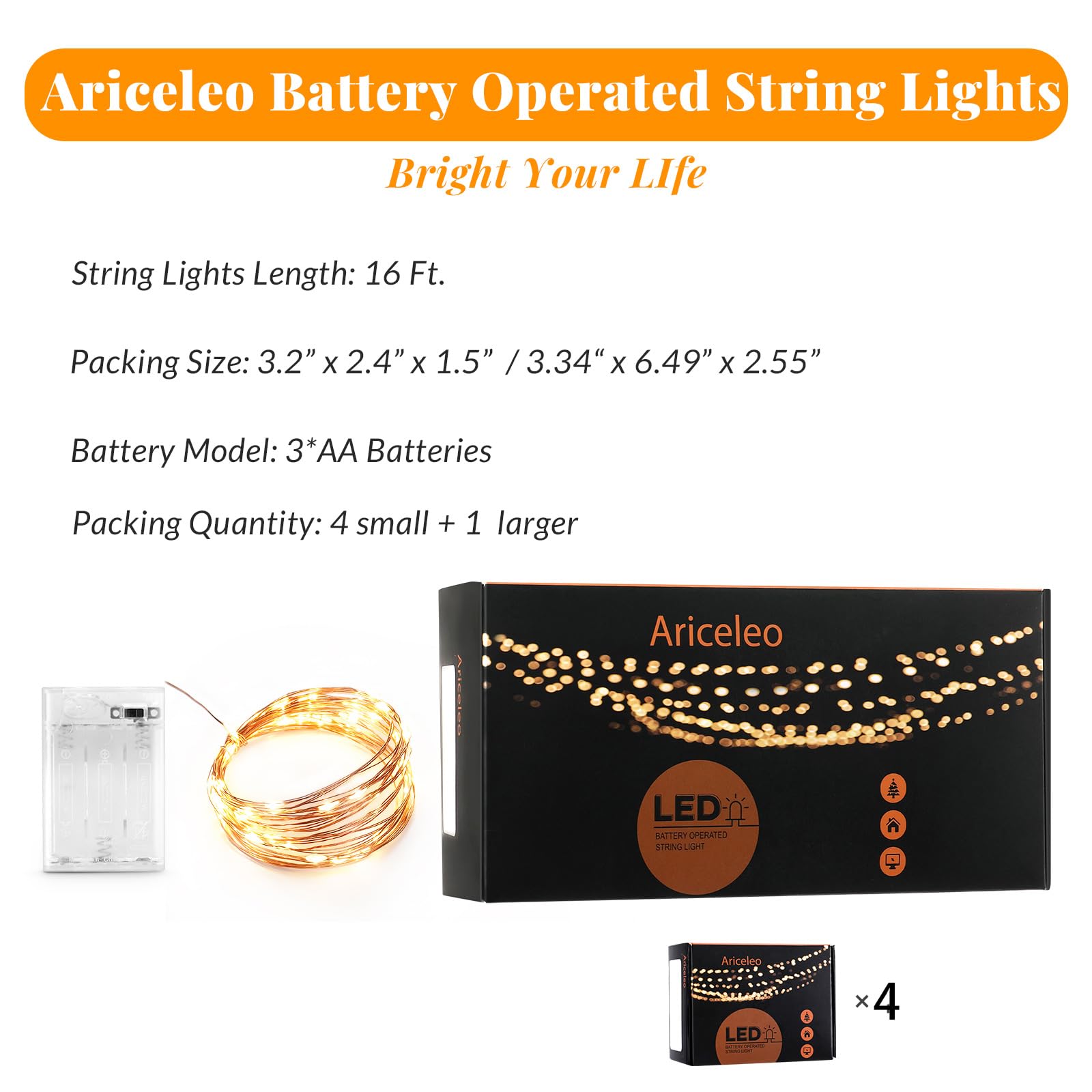 Ariceleo LED Fairy Lights, 4 Pack Mini Battery Powered, 5m Warm White Copper Wire, Model MRS-US-N-5M-4, Perfect for Decoration