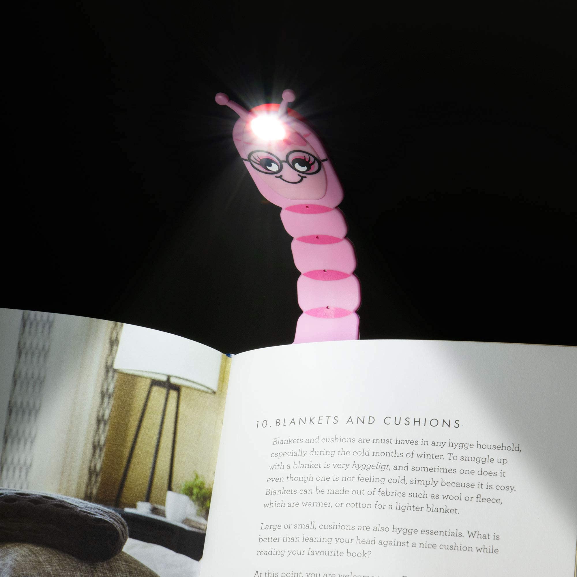 Gifts for Readers & Writers Bookmark Reading Light Bookworm Pink - 2in1 Clip On Bookmark Kids Light for Reading in Bed, Travel C
