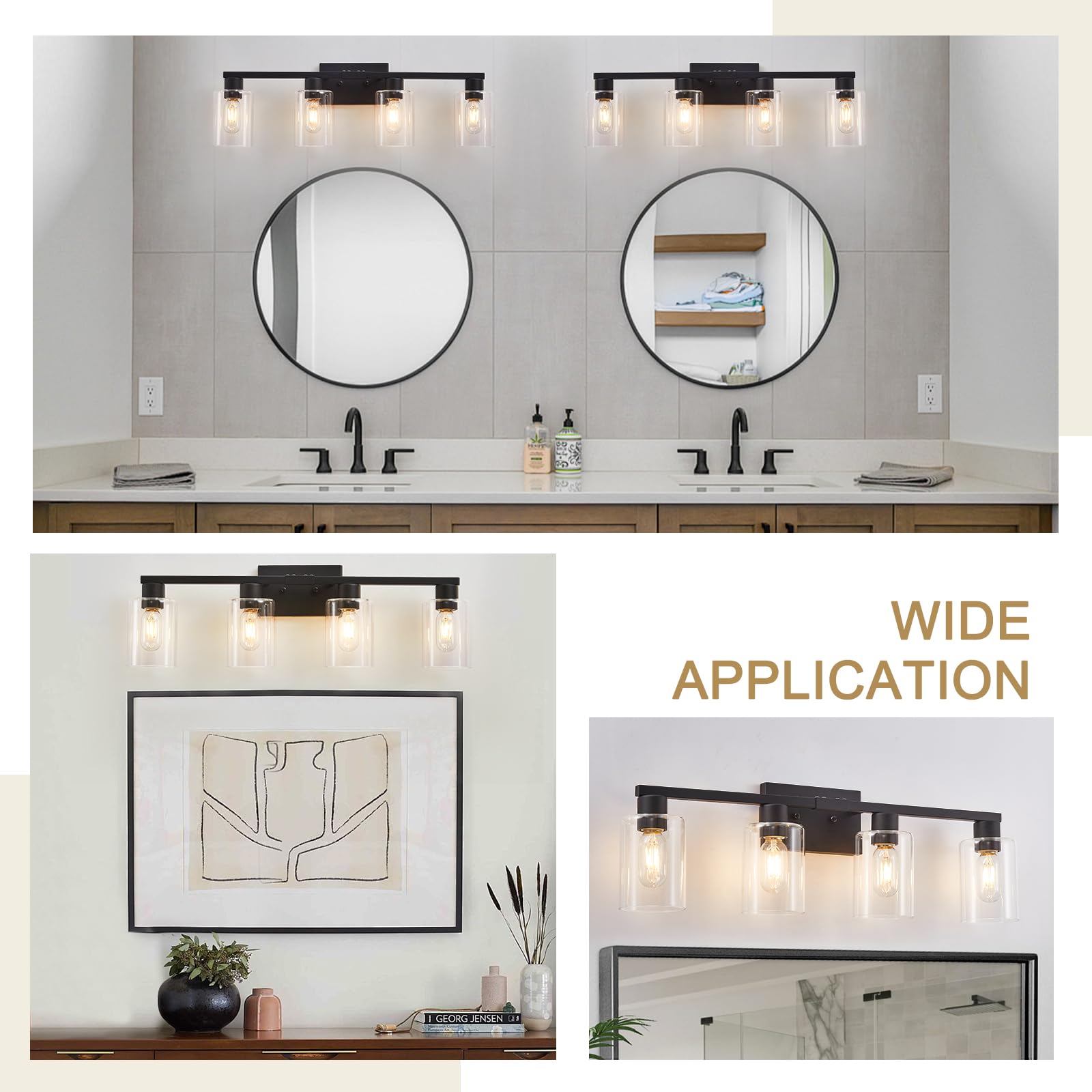 Sopeas 4 Light Bathroom Vanity Light Fixtures  Black Farmhouse Bathroom Vanity Light With Clear Glass Shade  Bathroom Lighting Fixtures Over Mirror  Vanity Lights For Bathroom Mirror