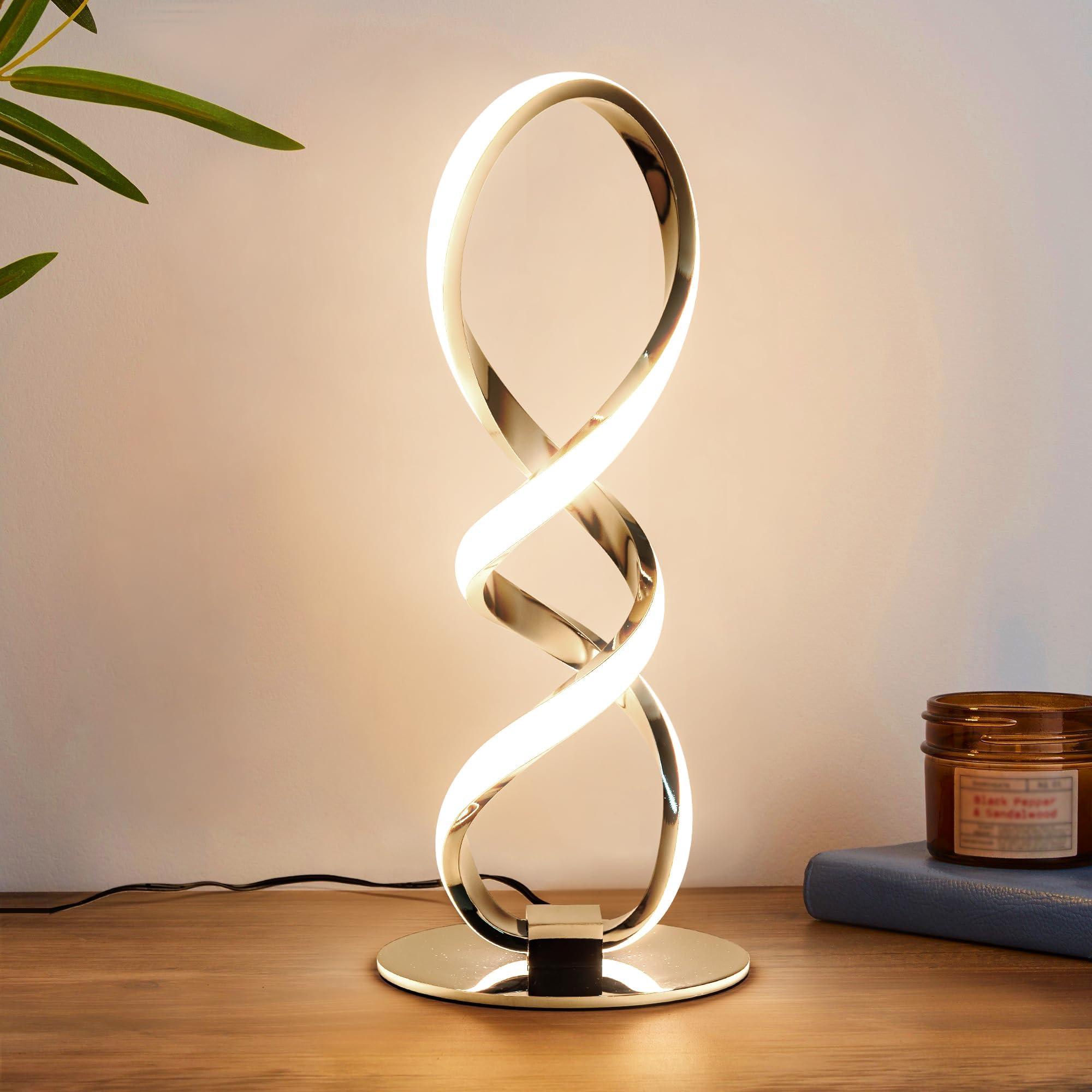 Adebime LED Modern Table Lamp, Small Unique Bedside Spiral Lamp Stepless Dimmable Silver Nightstand 12W, 3200K Warm White Desk L