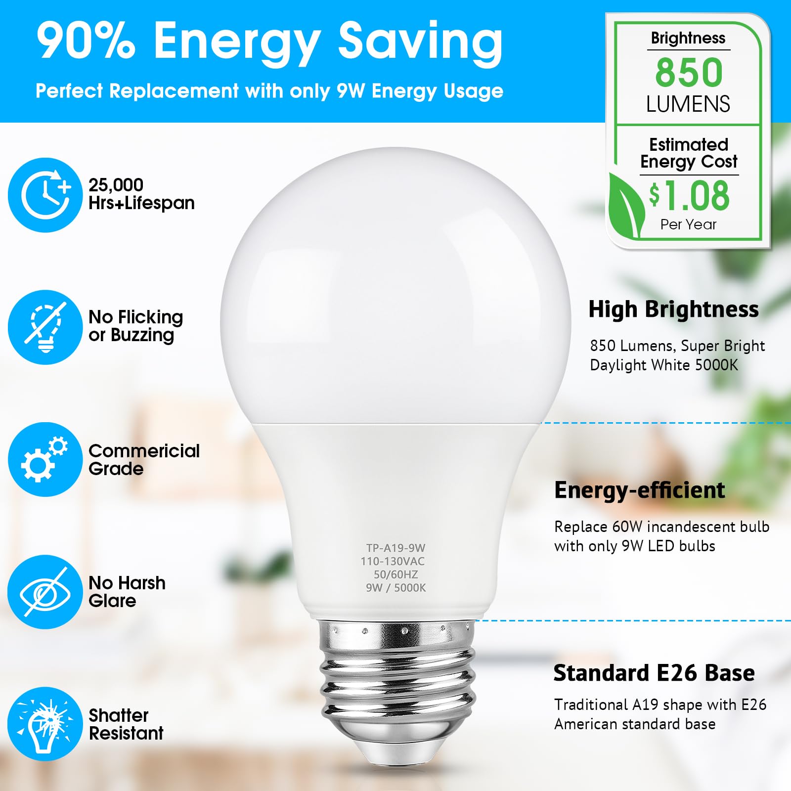 Maylaywood A19 Led Light Bulb, 60 Watt Equivalent Led Bulb, Daylight White 5000K, 850 Lumen, E26 Base, Non-Dimmable, 9W Bright White Led Bulb, 12-Pack