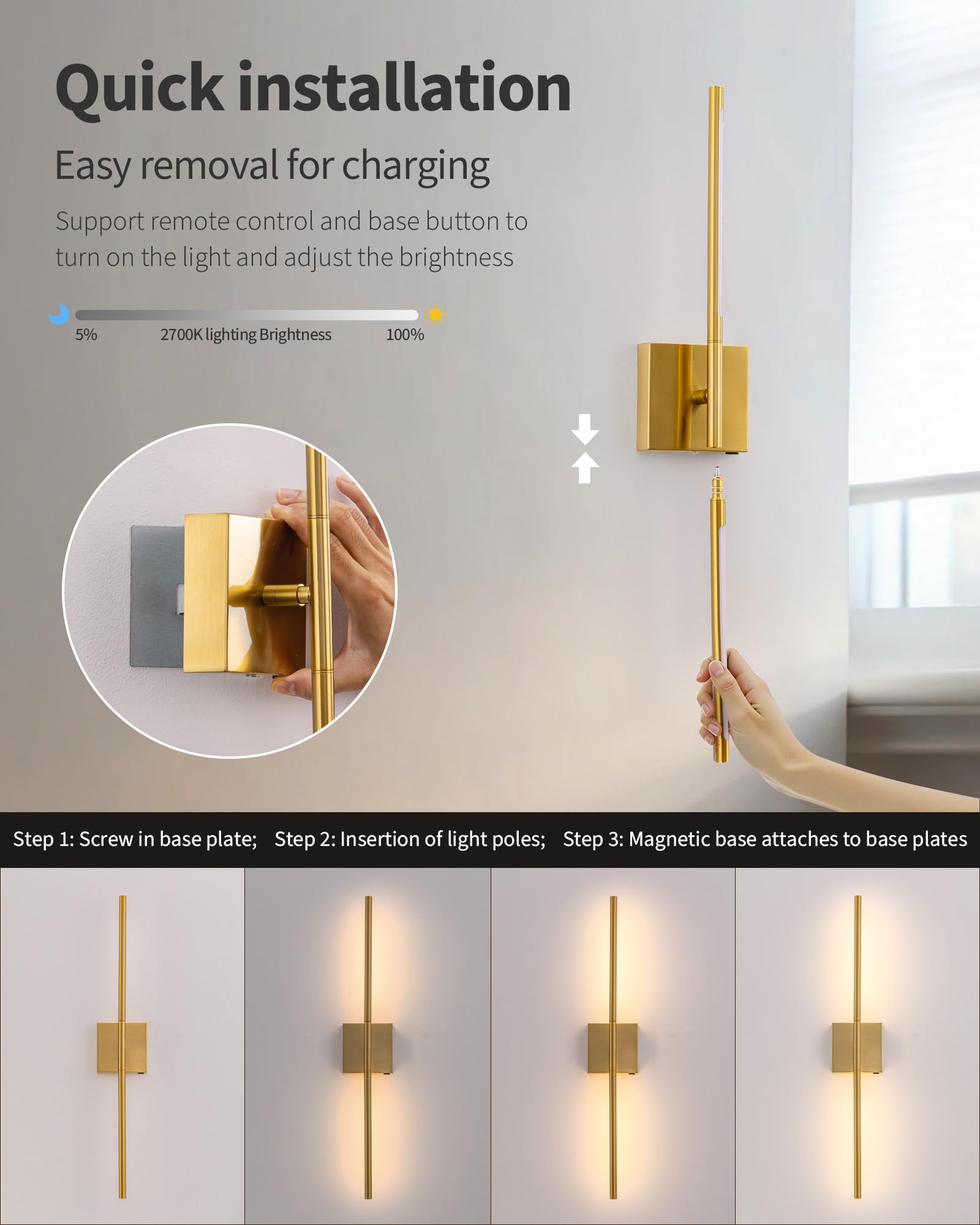 KDG Cordless Wall Sconces - Remote Control, 7000mAh Battery, 23.6" Metal LED Lights, Gold Finish for Bedroom & Hallway