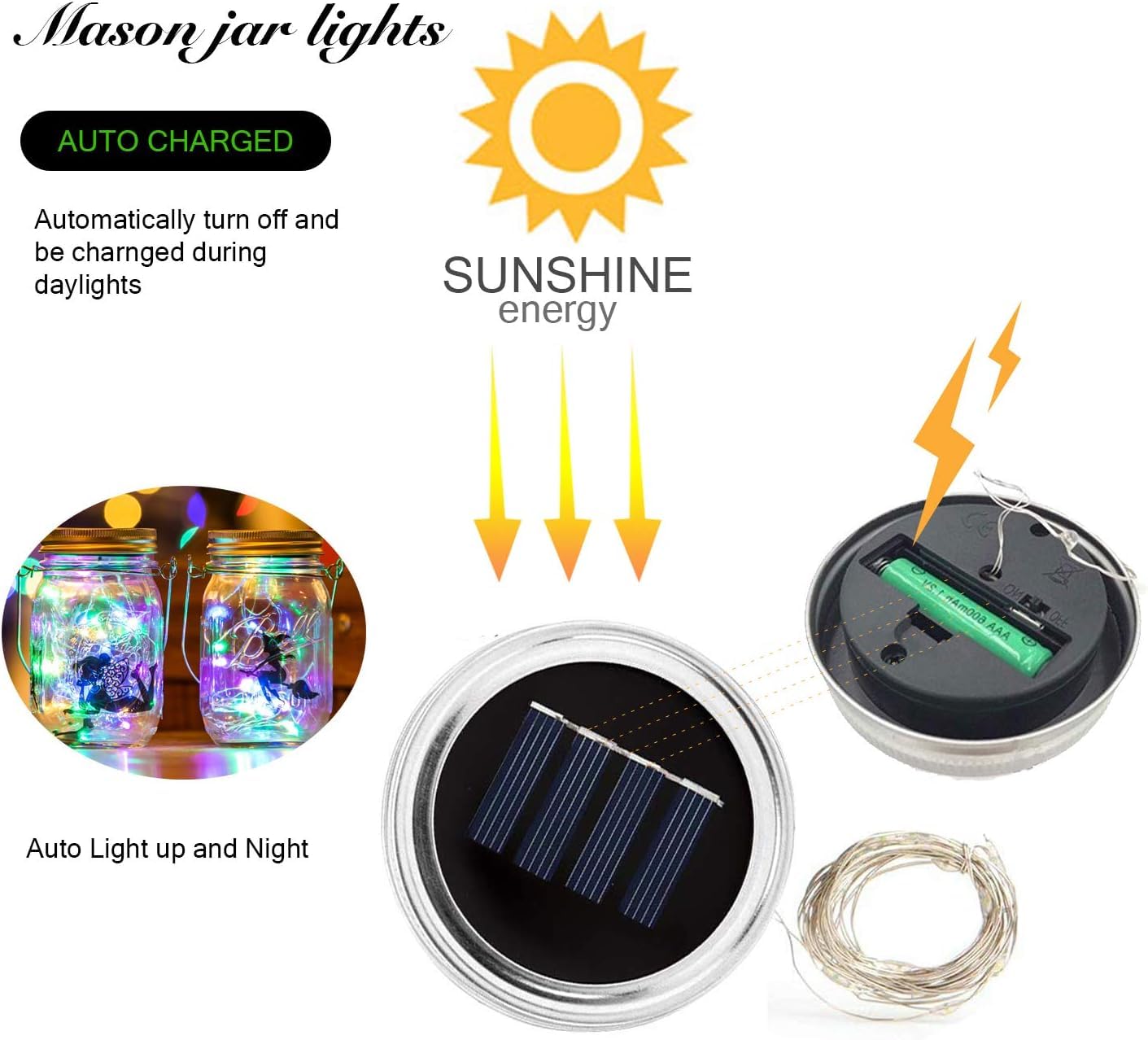 Vookry 12 Pack Solar Mason Jar Lights, 30 Led Mason Jar Lids Waterproof Firefly Fairy String Lights With 12 Hangers(No Jars), Fo