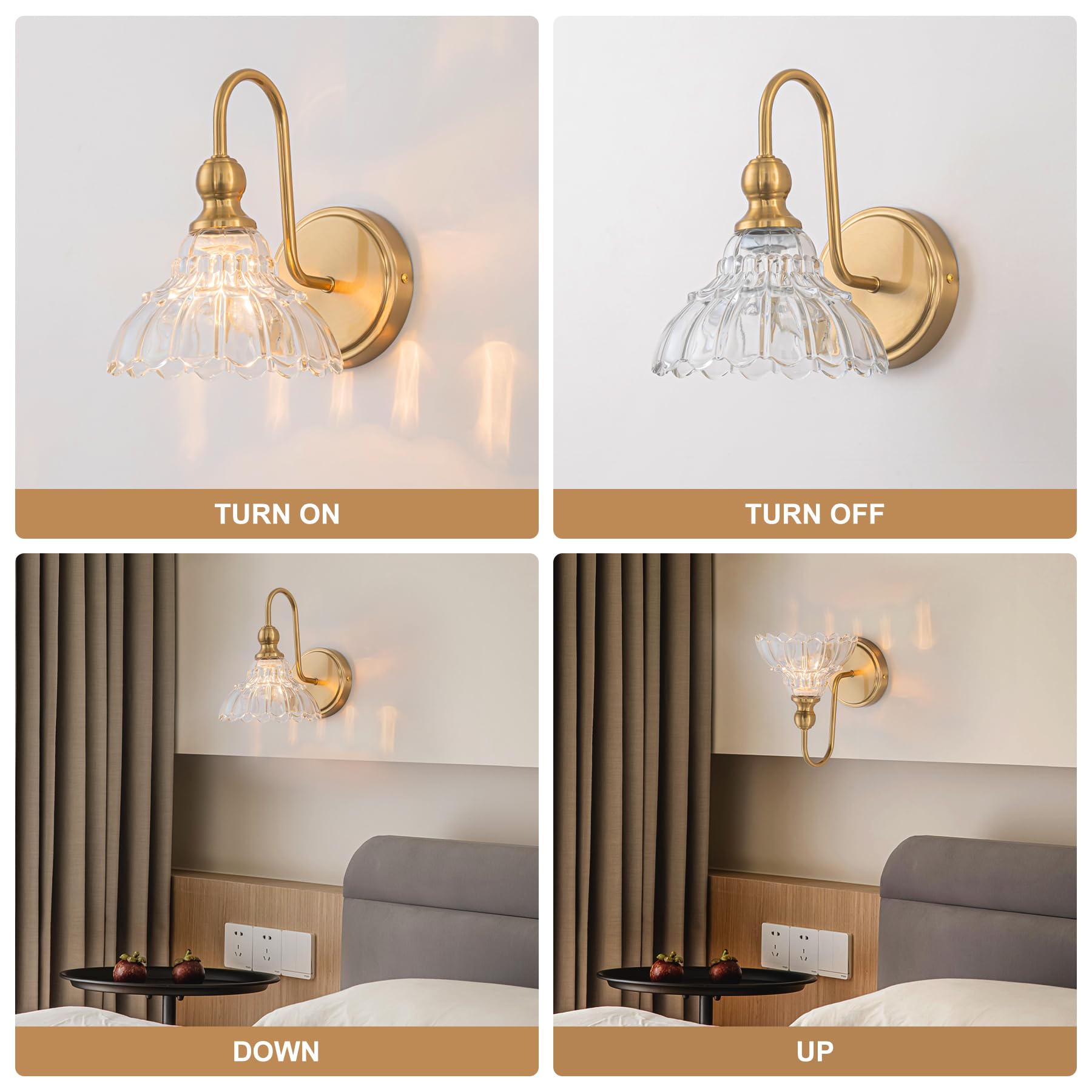 Brknit Vintage Bathroom Light Fixtures Over Mirror  1-Light Brass Wall Sconce Lighting With Flower Glass Shade  Farmhouse Vanity Lights For Bedroom Kitchen Living Room Hallway Light