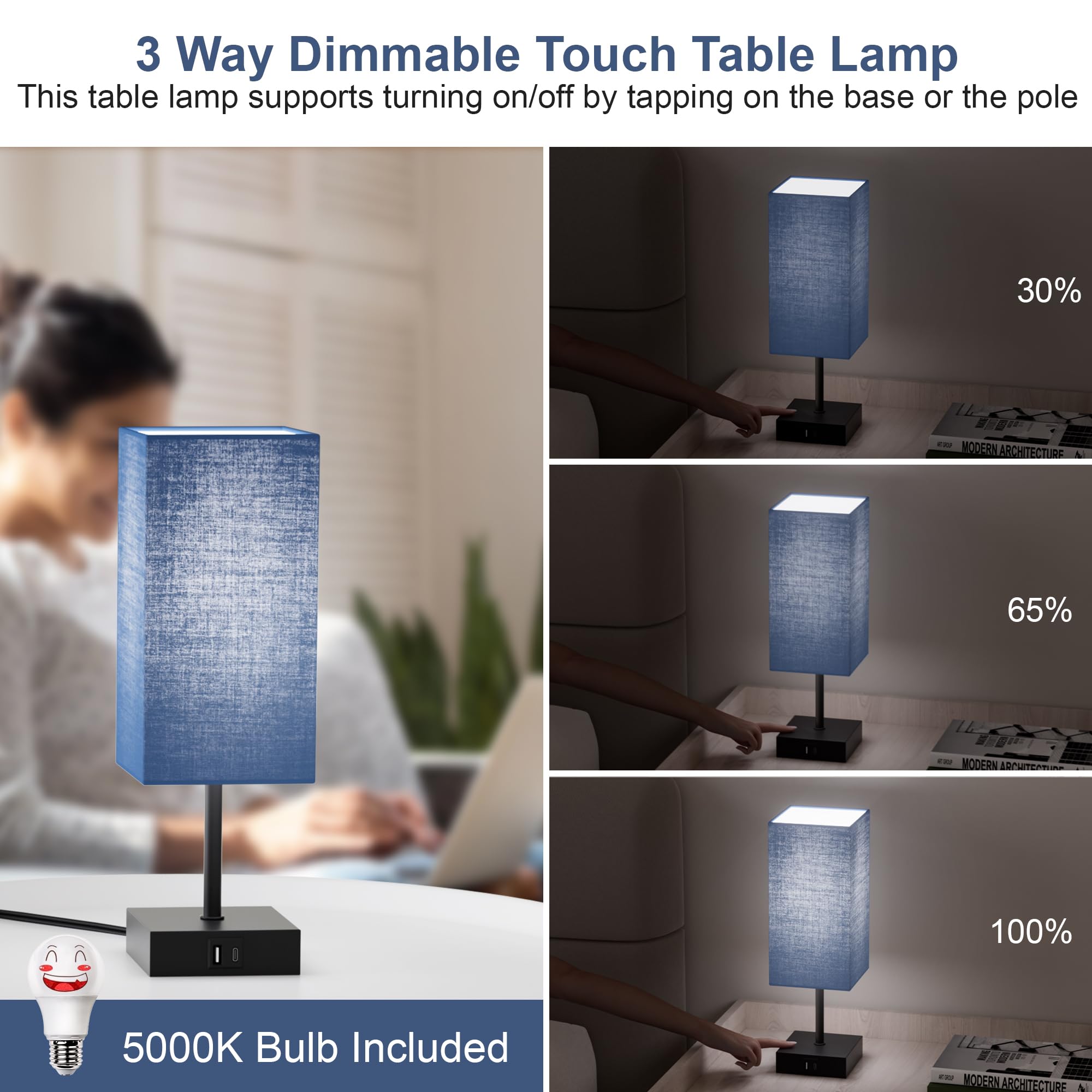 Sailstar Bedside Table Lamp For Bedroom, 3 Way Dimmable Touch Lamp With Usb C+A Charging Ports, Small Nightand Lamps For Bedroom