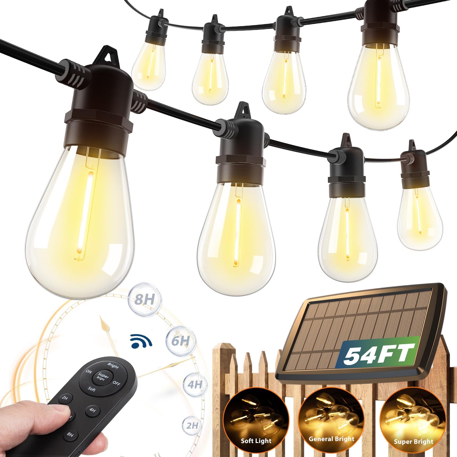 addlon 54(48+6) FT Solar String Lights Outdoor Waterproof with USB Port & Remote Control Solar Patio Lights Last for 20+Hrs Dimm