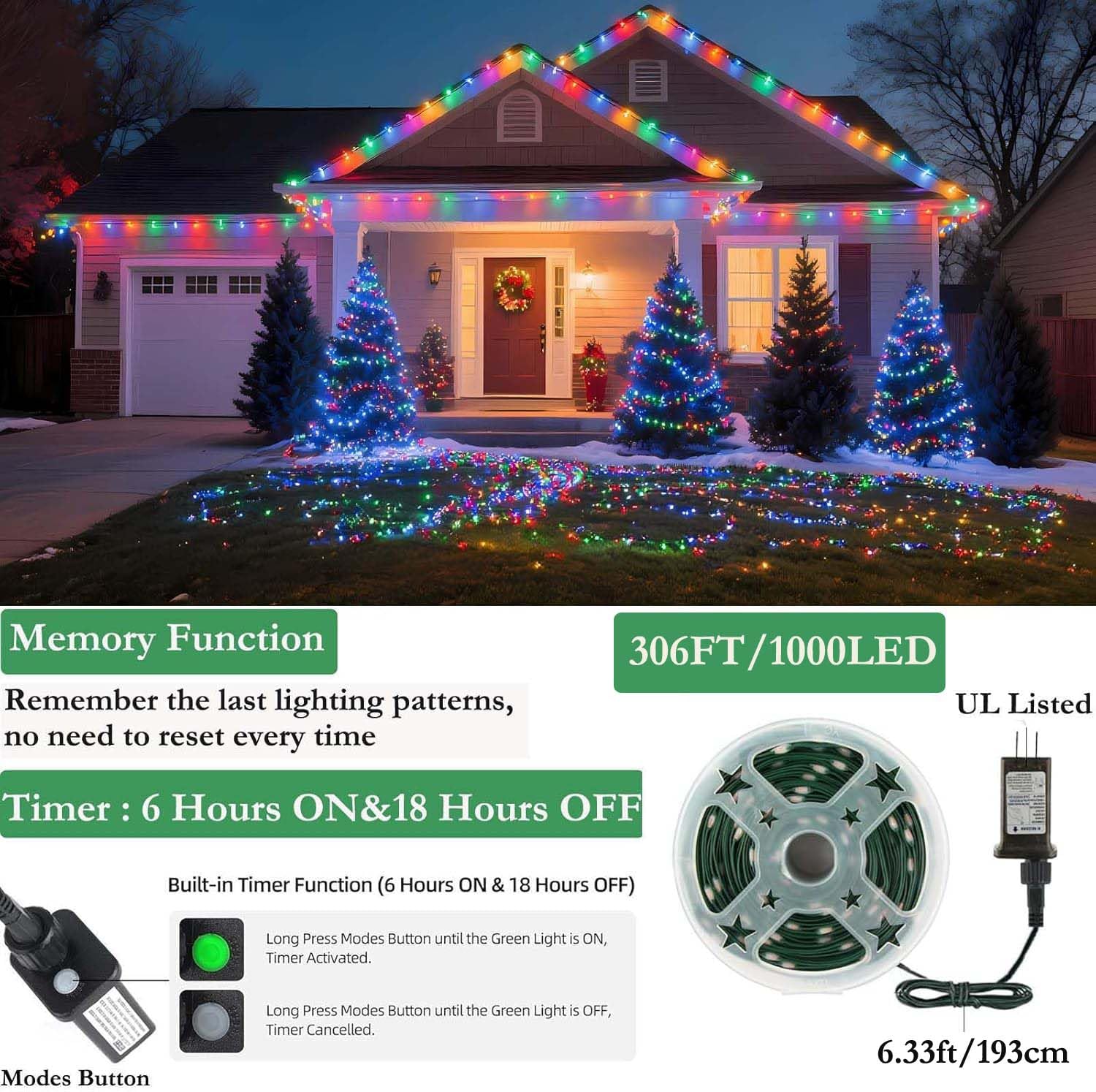 Tcamp 306FT 1000 LED String Lights, Multicolor, Green Wire, 8 Modes, Outdoor/Indoor, Model QL300AE
