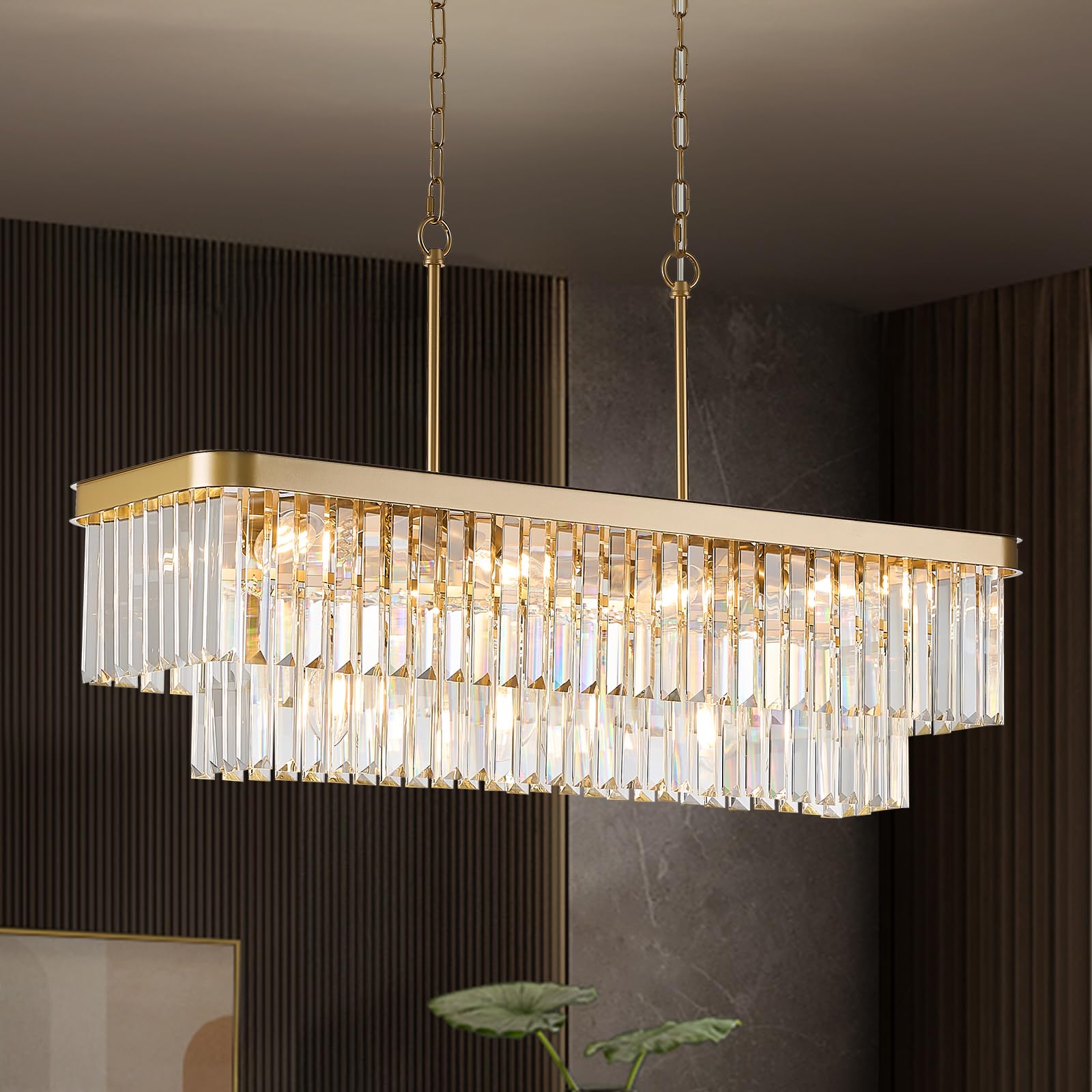 MERINEA Rectangular Crystal Chandeliers K9 Elegant Gold Chandelier L33.5  Rectangle Linear Pendant Light Fixtures 11 Lights Contemporary for Kitchen Island Dining Room Living Room Bar