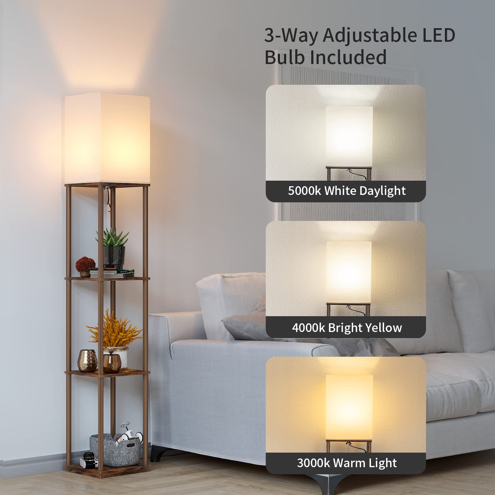 SUNMORY Floor Lamp with Shelves, Rustic Brown Metal Design, 3 Color Temperature Bulb, Ideal for Living Room and Bedroom