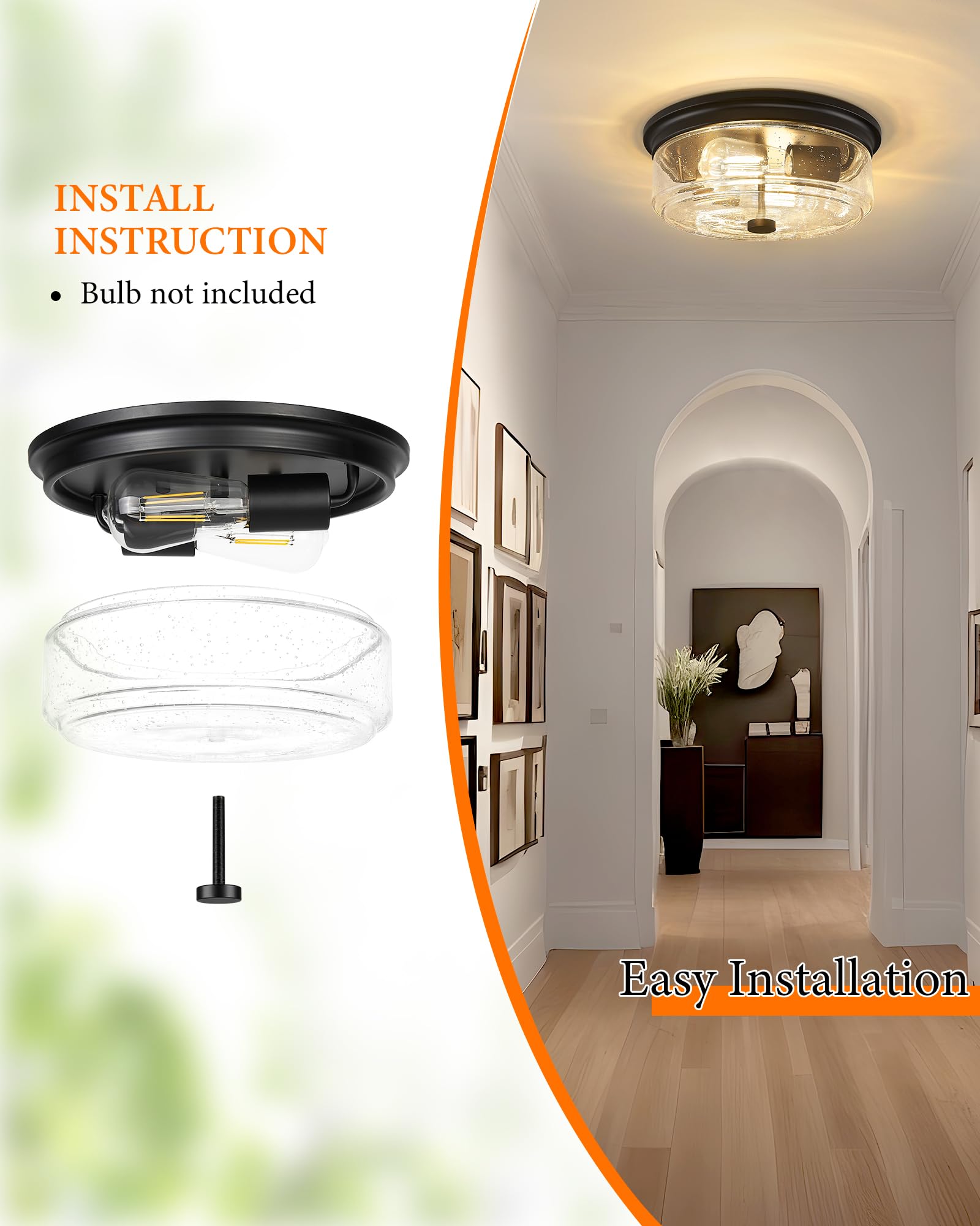 FOITTON 12 Inch Black Flush Mount Ceiling Light, 2-Light Industrial Fixture with Seeded Glass Shade, Model XEK-001-Black