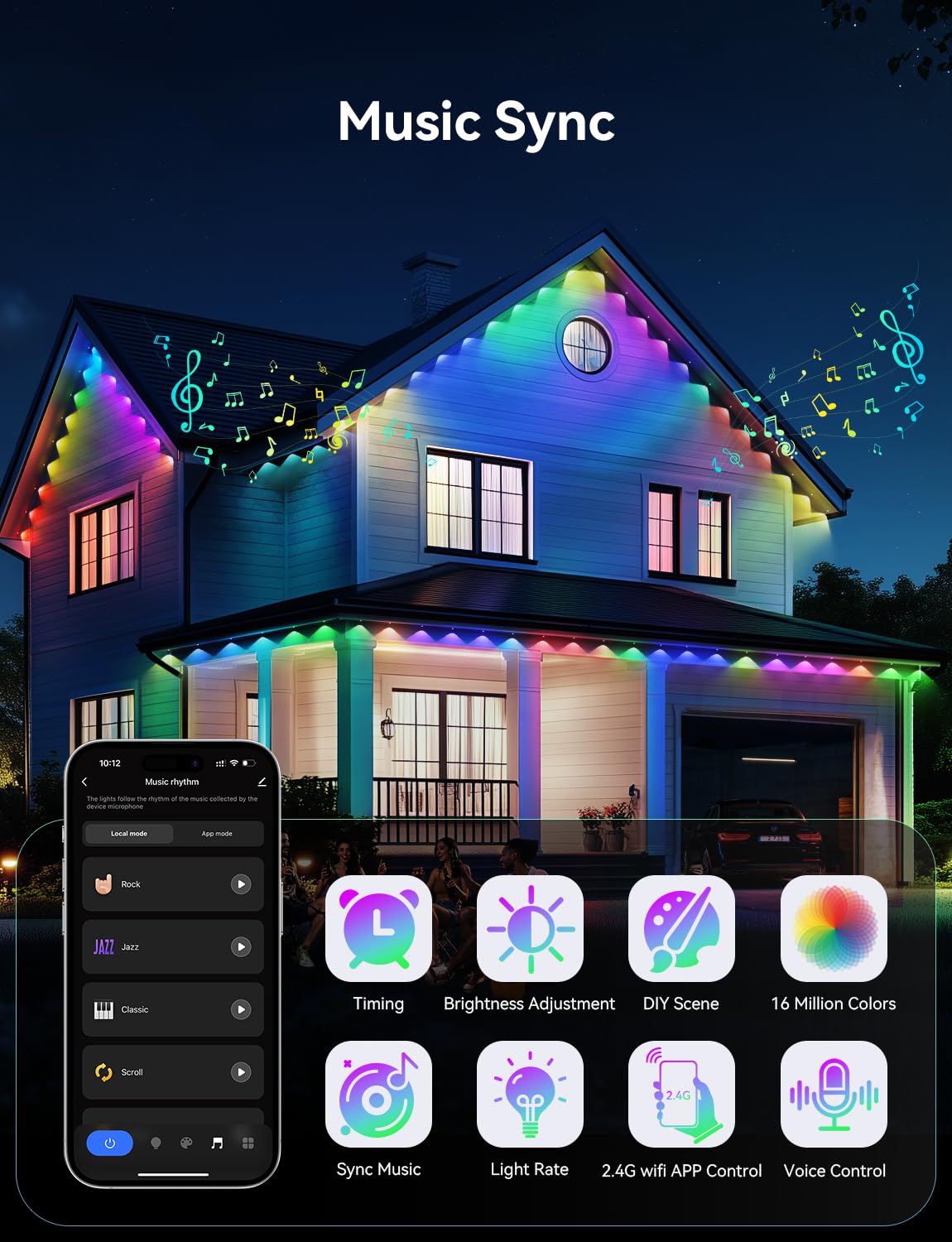 lemonlovely 360ft Permanent Outdoor Lights Pro, IP67 Waterproof, 264 IC+RGB LEDs, Smart APP/Remote, White, Model 2323