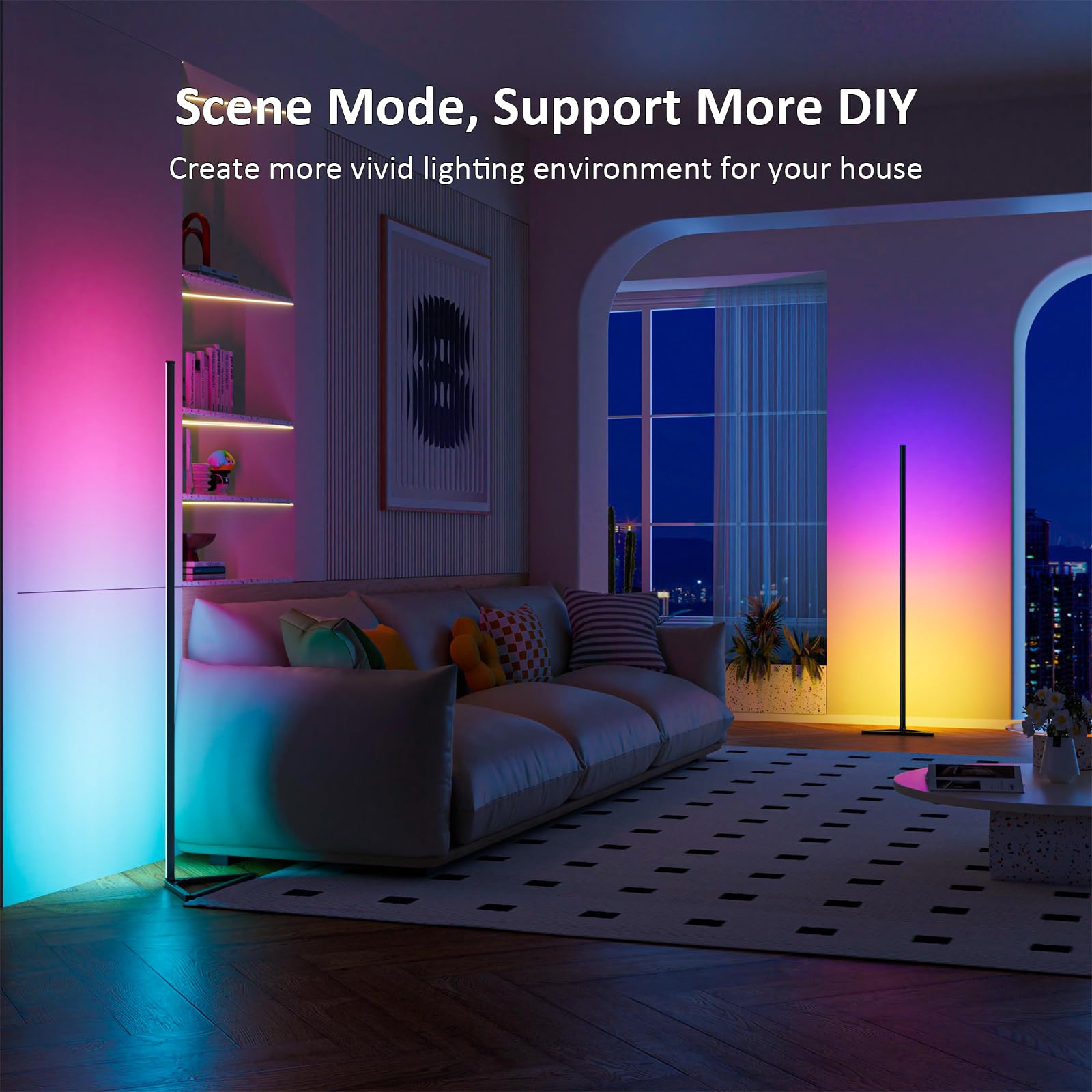 Miheal 2Pcs Black Corner Floor Lamp, Synced Lights Led Control Floor Lamp Rgb Light 56'' Smart Led Corner Lamp App And Remote Fo