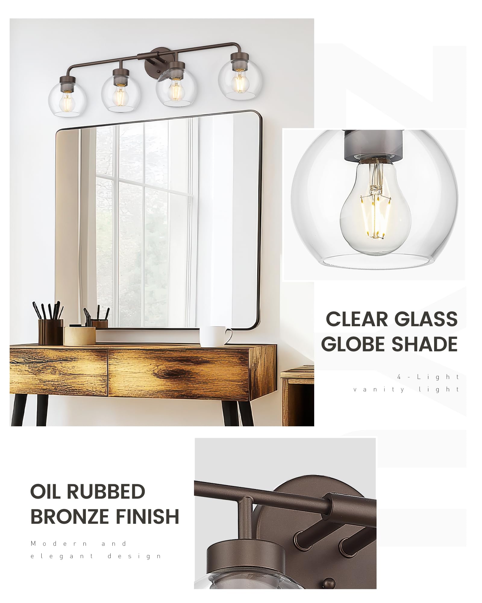 Zeyu 32 Inch Oil Rubbed Bronze Vanity Light  4-Light Bathroom Light Fixture  Vanity Lighting Fixtures With Clear Glass Globe Shade  Zs62Bg-4W Orb