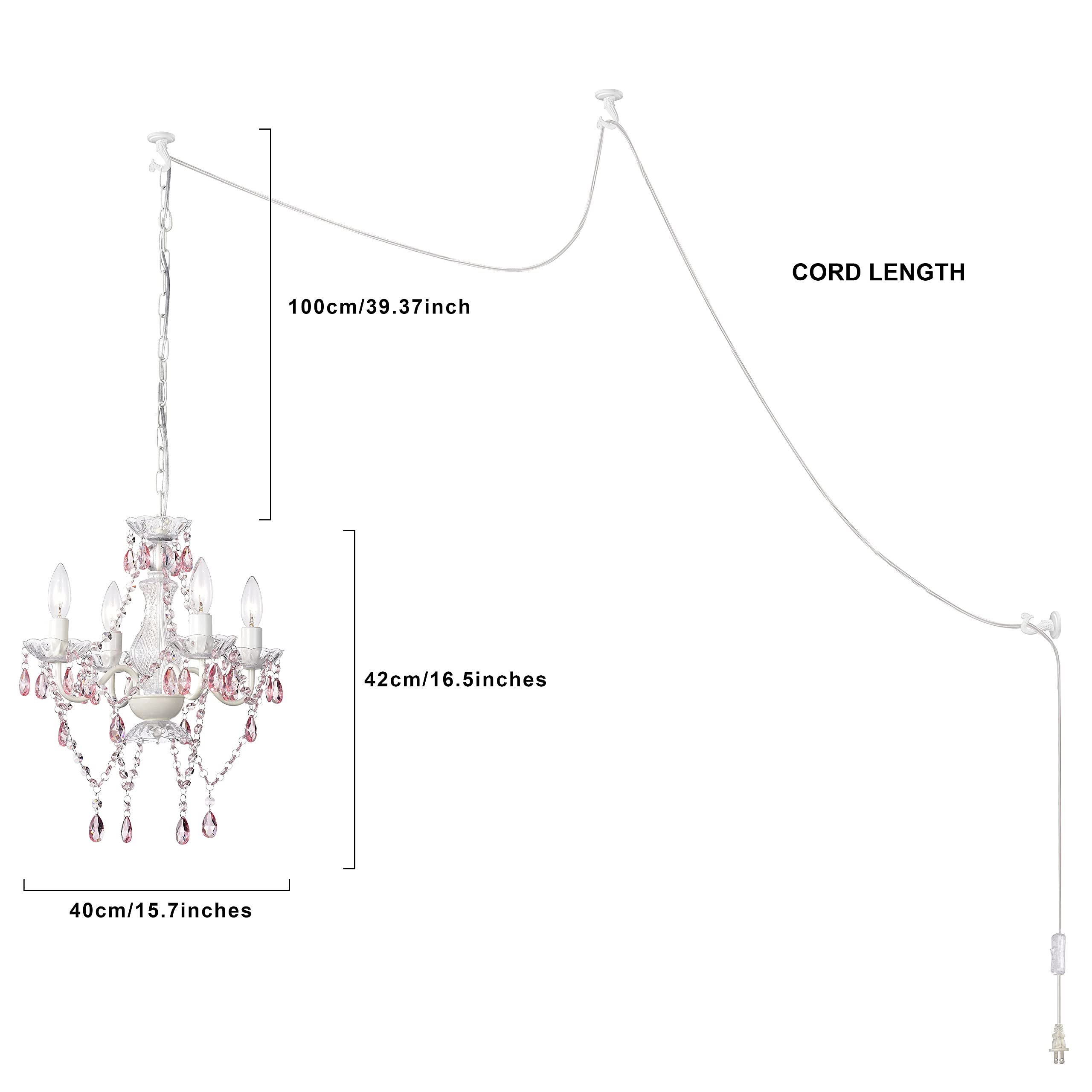 Alighting Pink Plug-In Chandelier - 4 Light White Crystal Accent Swag Lighting, Small Size