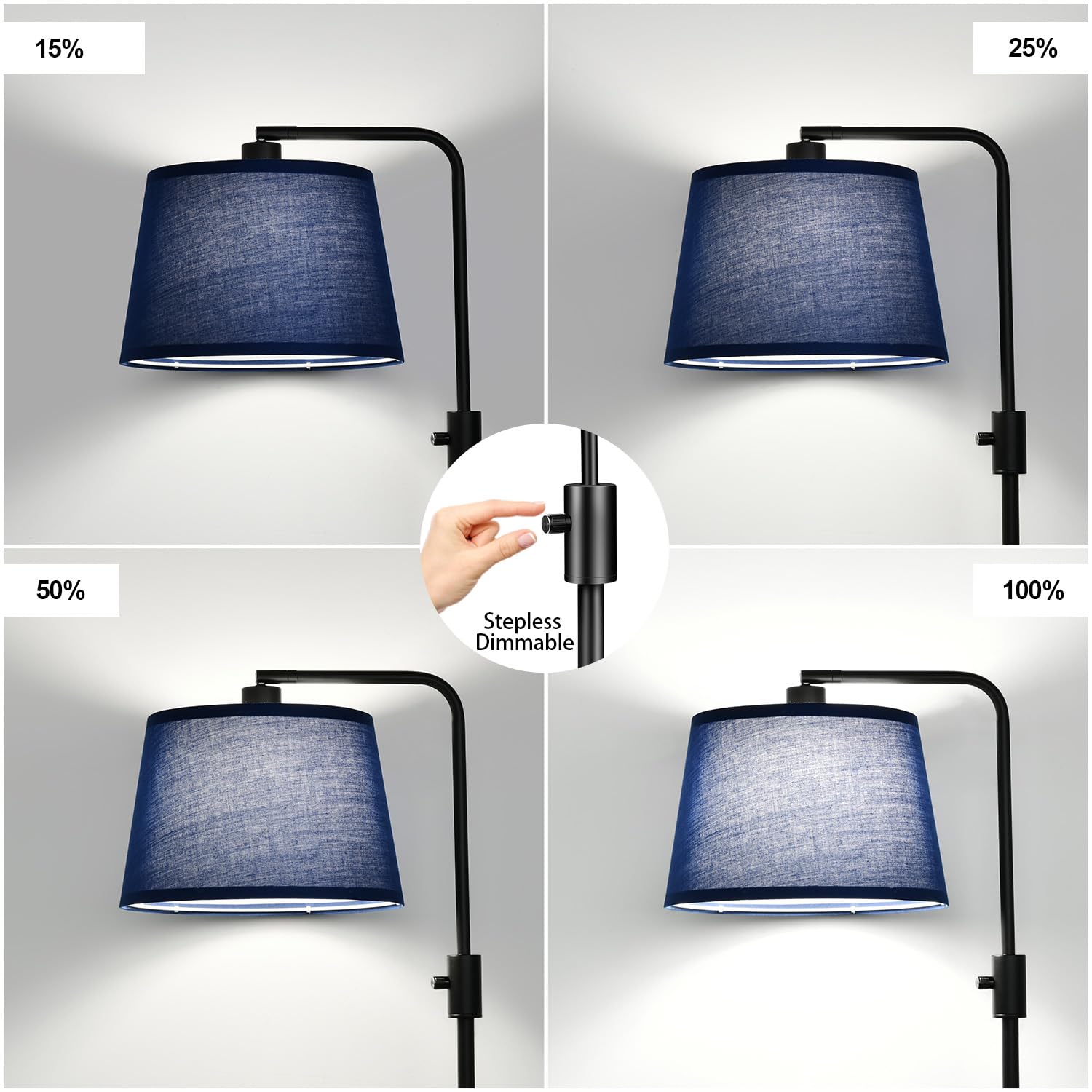Nintiue Dimmable Floor Lamp, 1000 Lumens LED Edison Bulb, Modern Arc Design, Matte Black-Blue Shade, Model FL16886