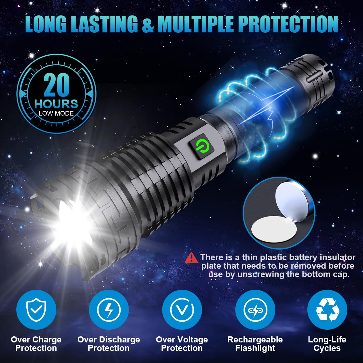 Alifa Rechargeable LED Tactical Flashlight, 990000 Lumens, 5 Modes, IPX67 Waterproof, Large-Black, Model LKP70