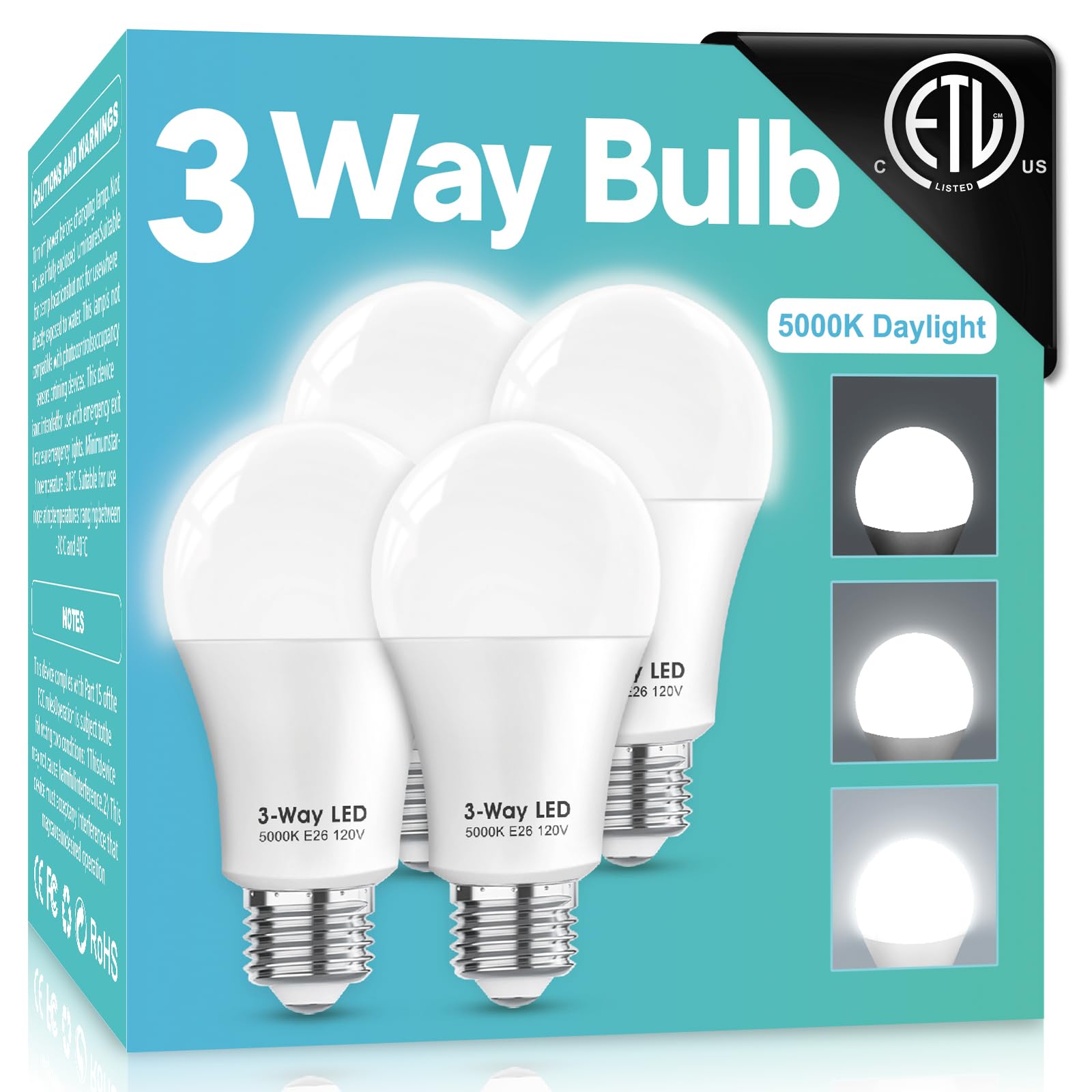 Gonhom Etl Listed 3 Way Led Light Bulbs Daylight White 5000K,30 70 100W Equivalent 3 Way Light Bulbs, A19 E26 Medium Basethree W