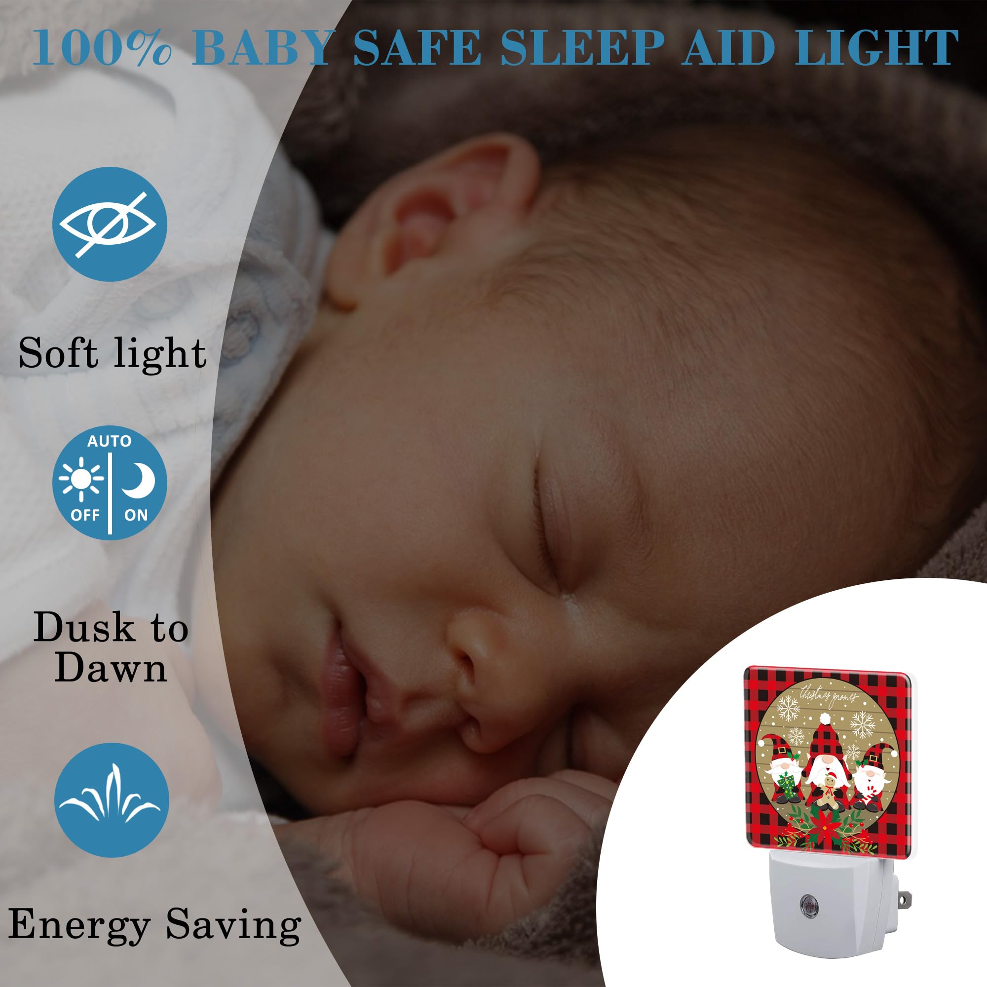 Uiaoiais Christmas Gnome Red Black Plaid Night Light For Kids, Led Night Light Plug Into Wall With Dusk To Dawn Sensor For Girls