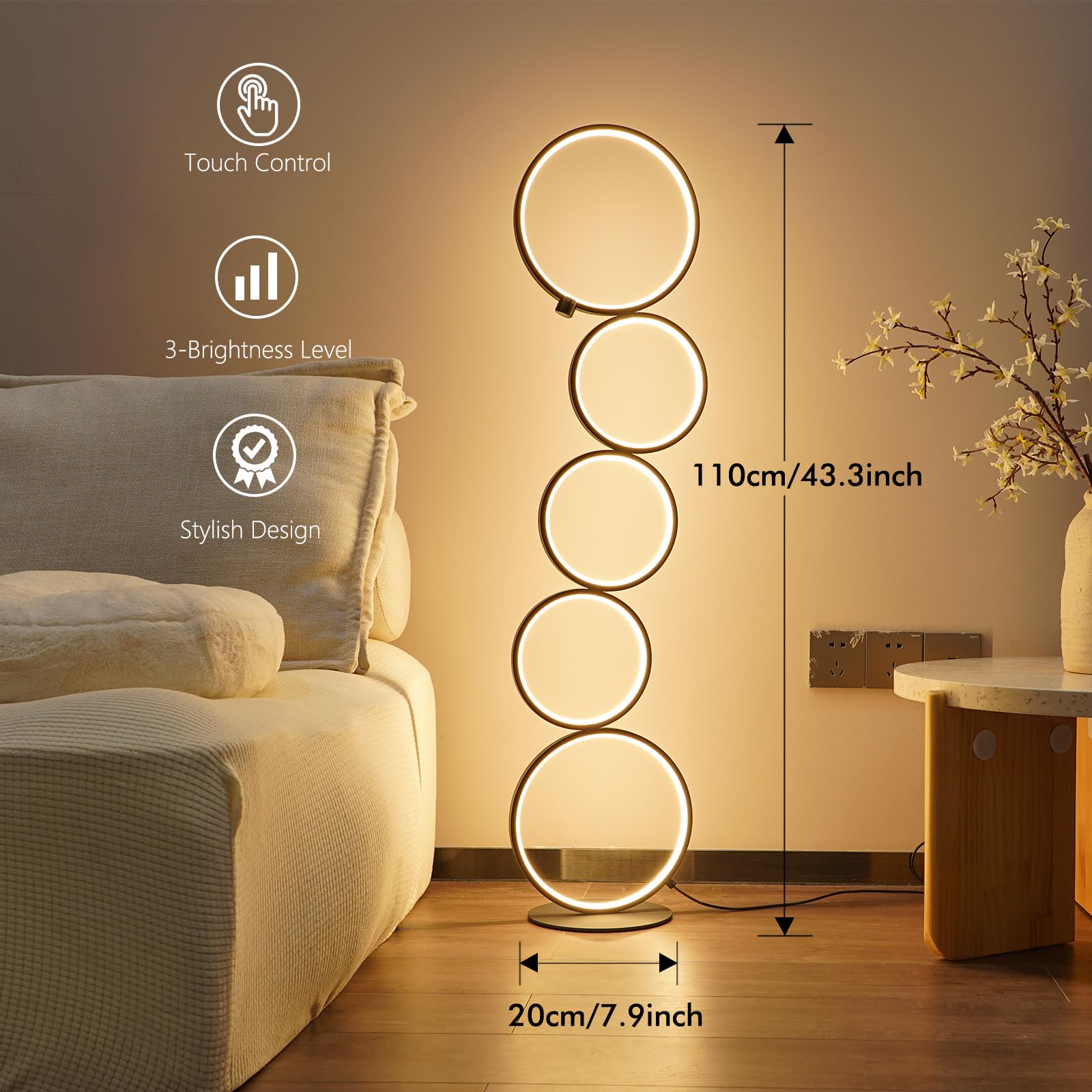 Nu?R 43.3'' Modern Floor Lamp, Led Floor Lamp For Living Room, Dimmable, Circle Standing Lamp, Energy-Saving, Unique Lamp For Be