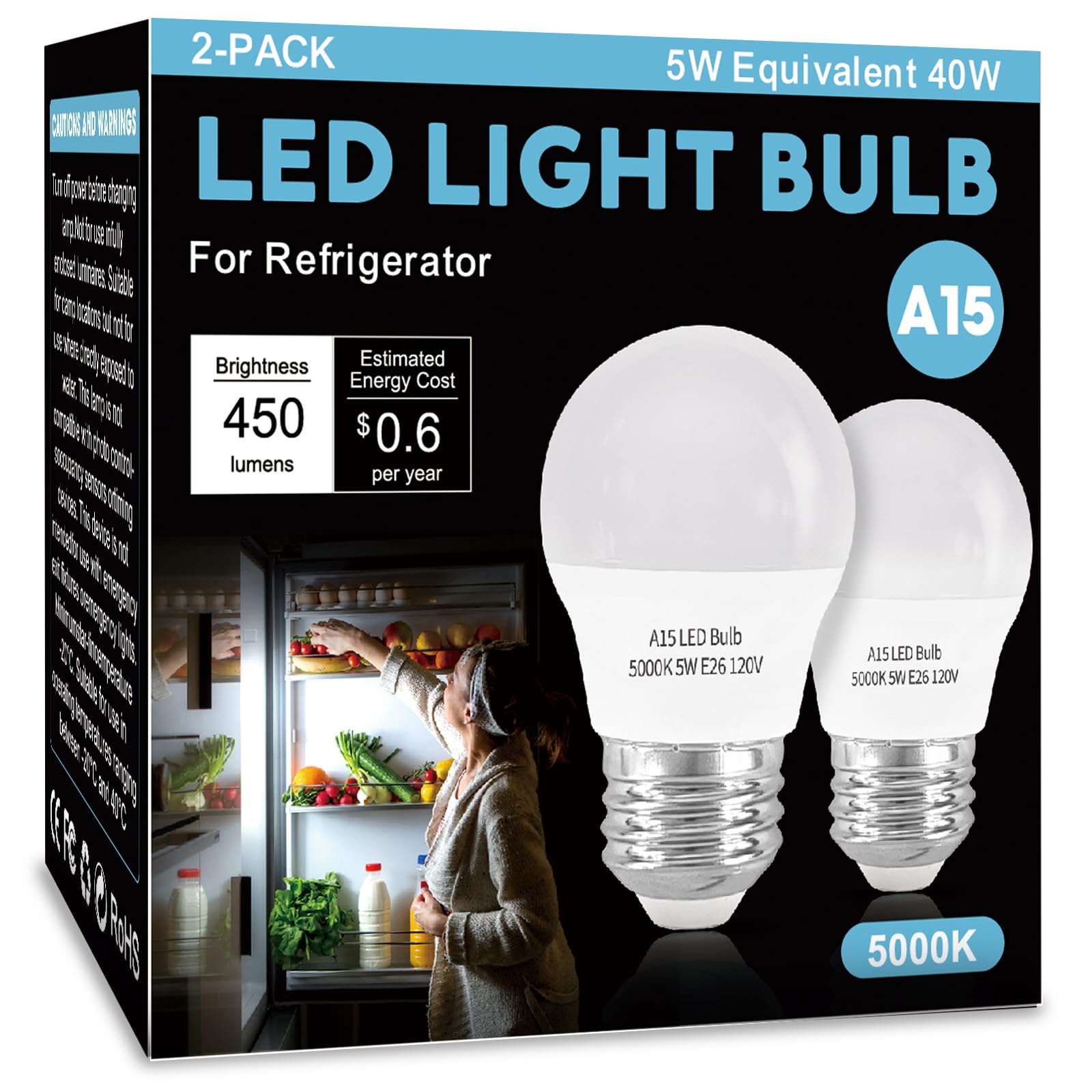 Loxyee Led Refrigerator Light Bulb 2 Pack Daylight White 5000K 120V 40W Equivalent Appliance Bulb A15 5W E26 Base Waterproof Fridge Light Bulbs For Freezer Home Lighting Small Light Bulb Dimmable