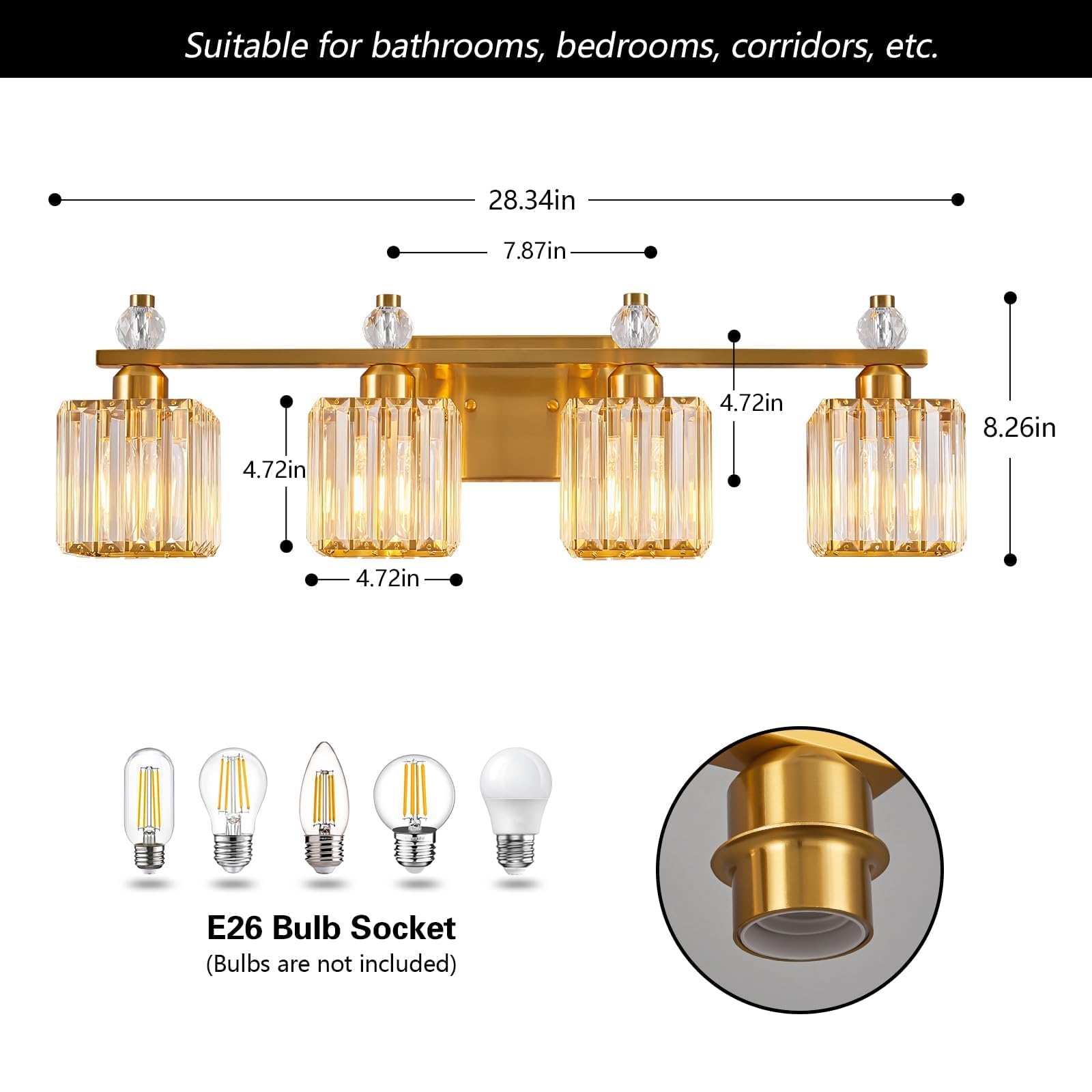 FDPBY 4-Light Modern Crystal Vanity Lights Gold Metal Bathroom Fixture Model 290