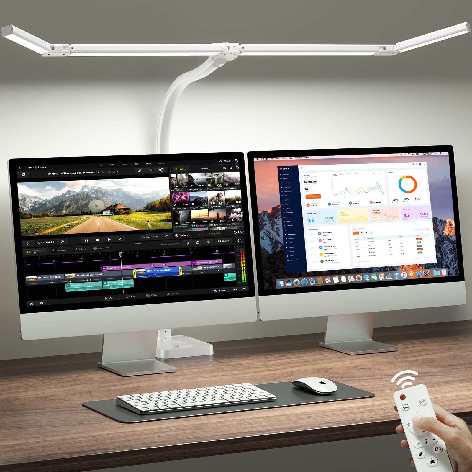 ONEMIX 42 LED Desk Lamp for Home Office  Eye-Caring Desk Light with Adjustable 4-Segment Bar  1800LM Bright  Remote  Architect Table Lamp with Base for Dual Monitors  Reading  Study  Workbench(White)