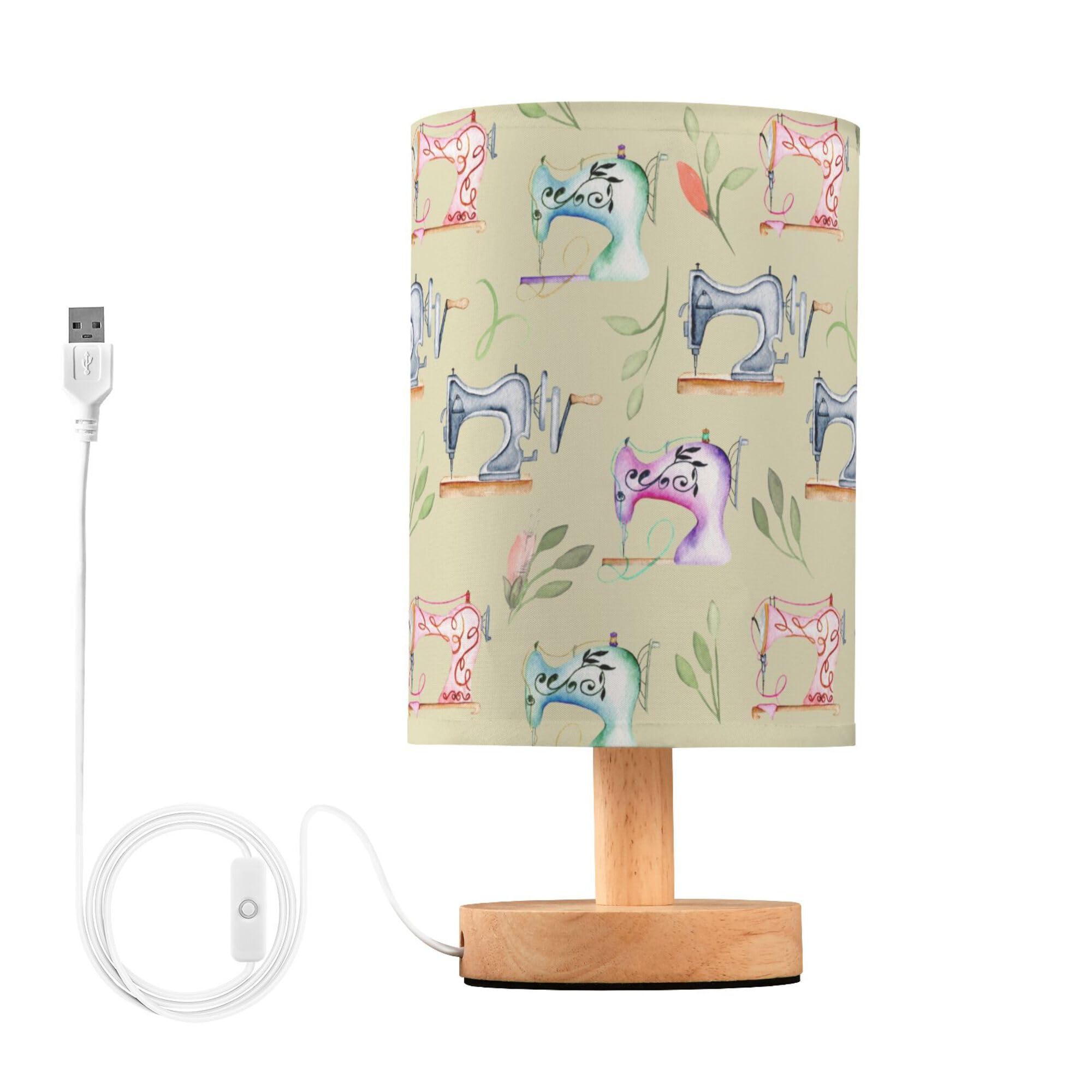 YYZZH Table Lamp Watercolor Sewing Machine and Floral Pattern Nightstand Lamp with Wood Base Fabric Lamp Shade Bedside Desk Lamp