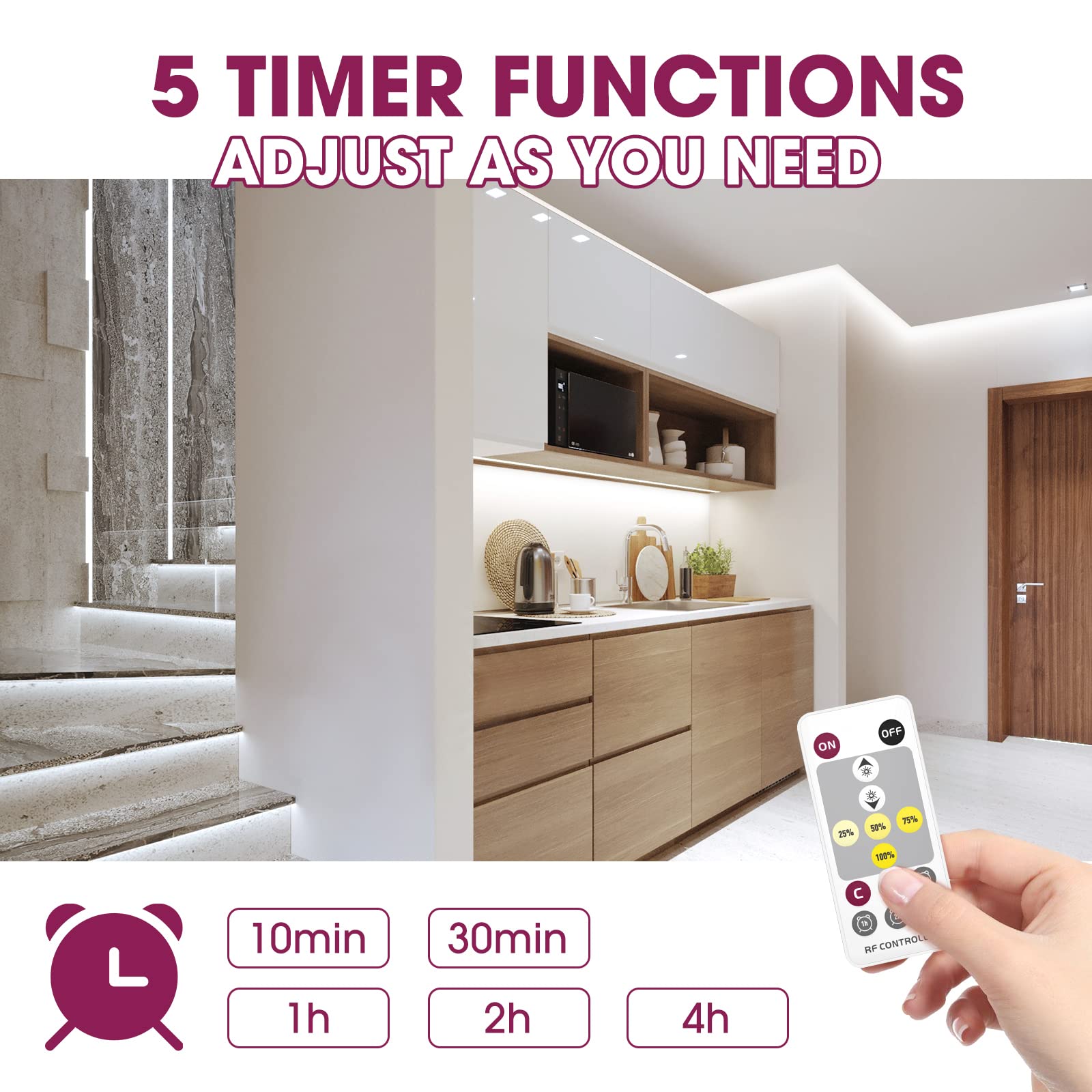 Emitever Led Strip Light, Cool White 5000K 16.4Ft,24V Dc Cob Dimmable Tape Lights With Rf Controller,Premium High Density Power Adapter,1600Leds Ul Listed For Bedroom,Kitchen Cabinets,Indoor Use