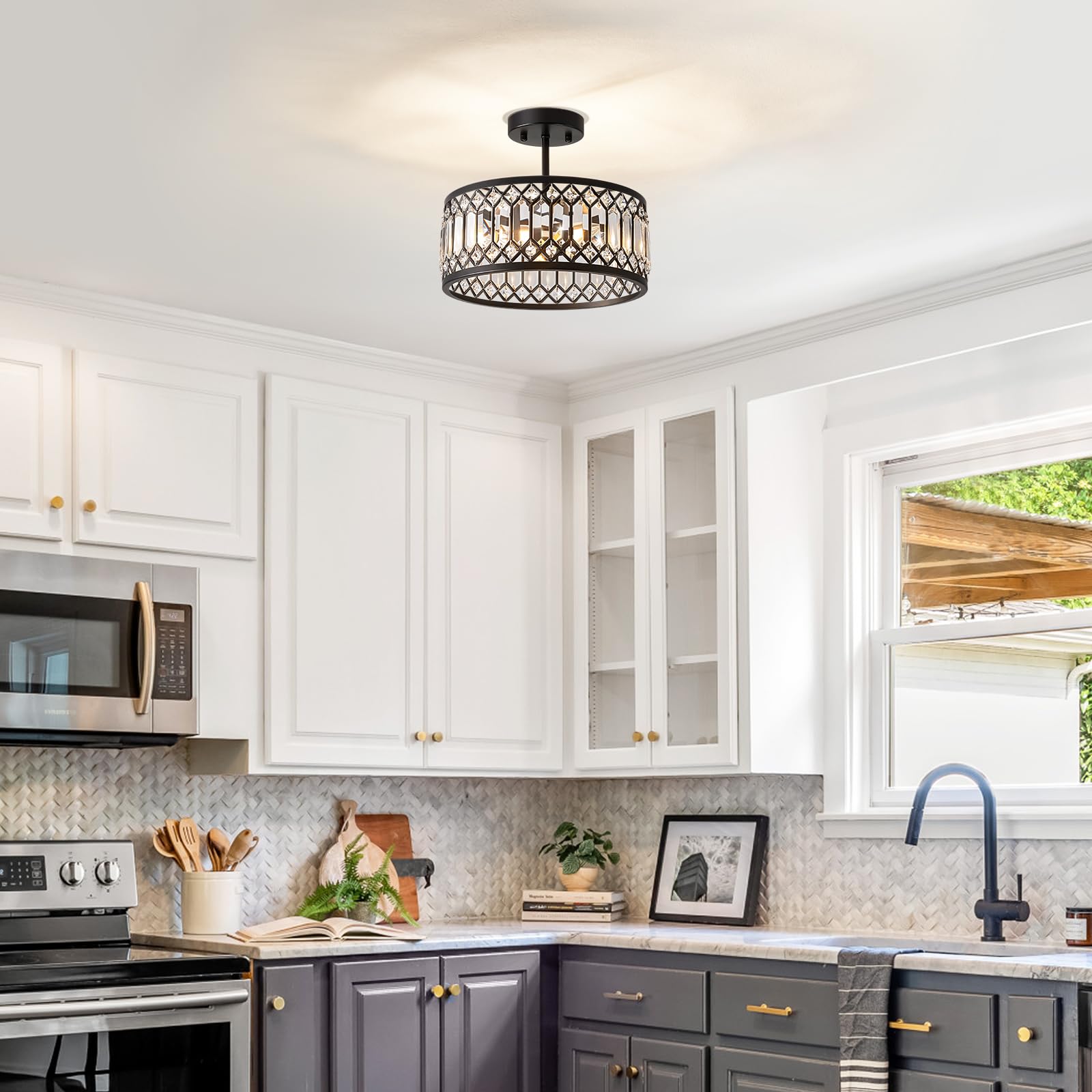 Yurnyq Crystal Ceiling Light Fixture, Modern Semi Flush Mount Ceiling Light, Black Lighting Chandelier For Kitchen, Bedroom, Din