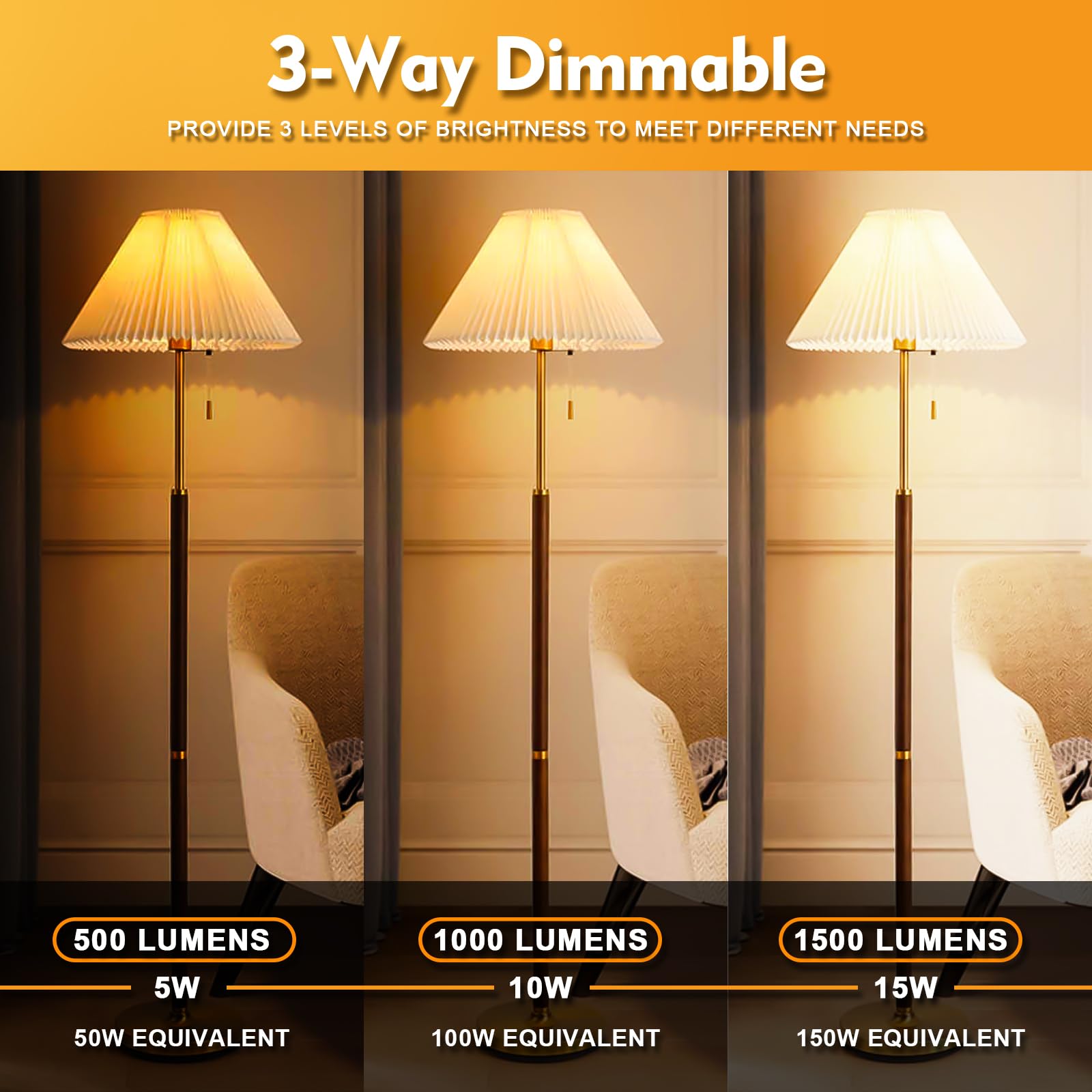 Zorykn 3 Way LED Light Bulbs 50/100/150W, 3000K Warm White, E26 Base, 500/1000/1500 Lumens, Energy