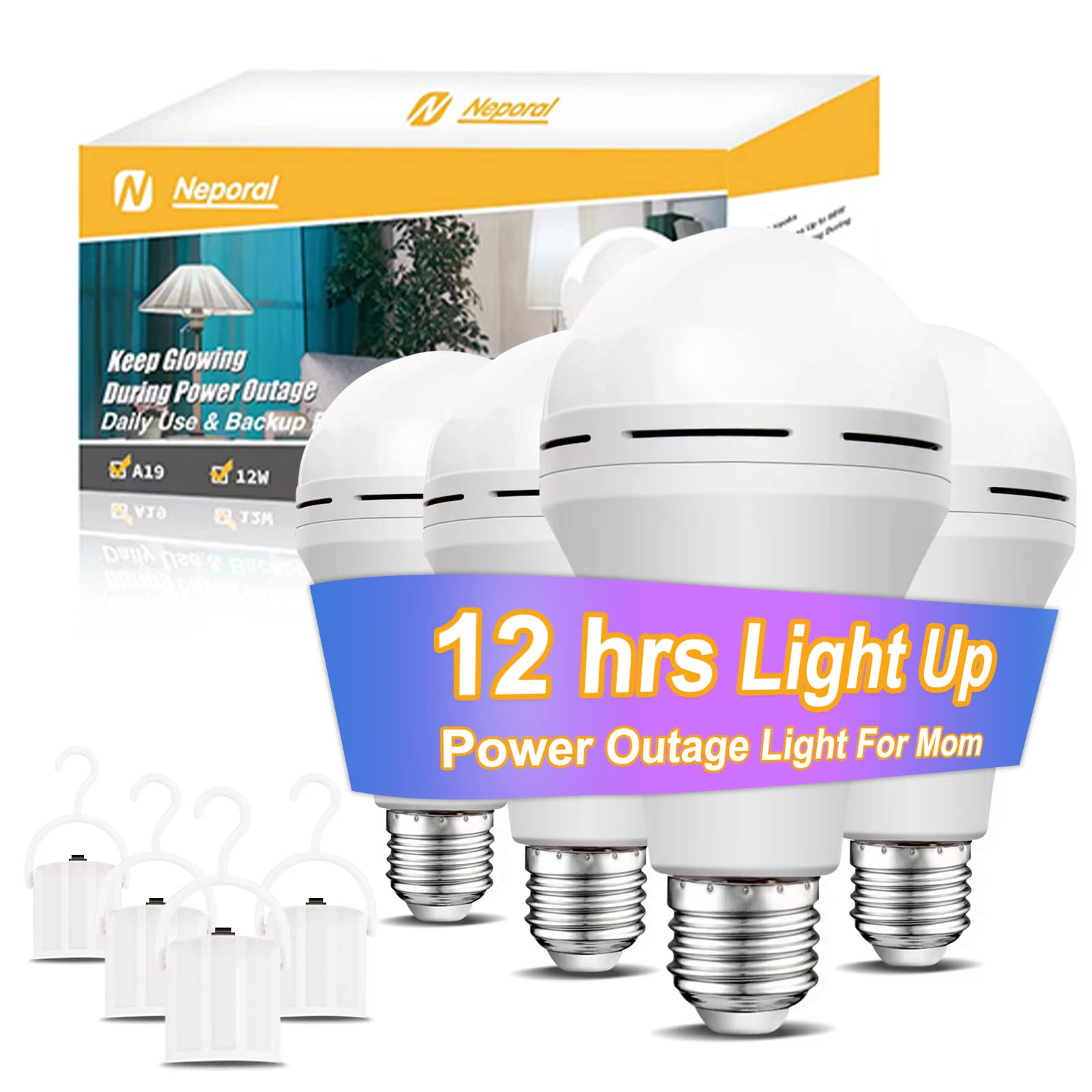 Neporal LITE Emergency Rechargeable Light Bulbs A19, Light Up to 48 hrs, Battery Operated Light Bulb, 5000K E26 LED Bulb, Emergency Lights for Home Power Failure (Daylight-4PK, 15, Watts)