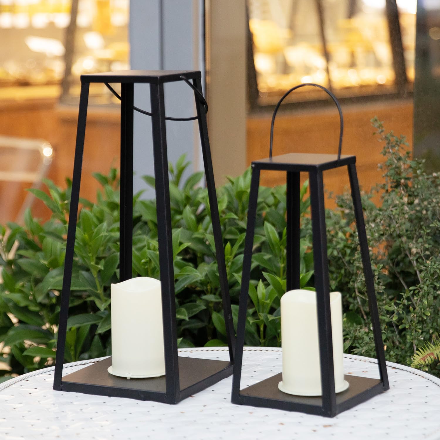 Hpc Decor 2Pcs Solar Lanterns For Outdoor Decor-20In 15.6In Black Metal Candle Lanterns W/ Waterproof Solar Powered Candles- Mod