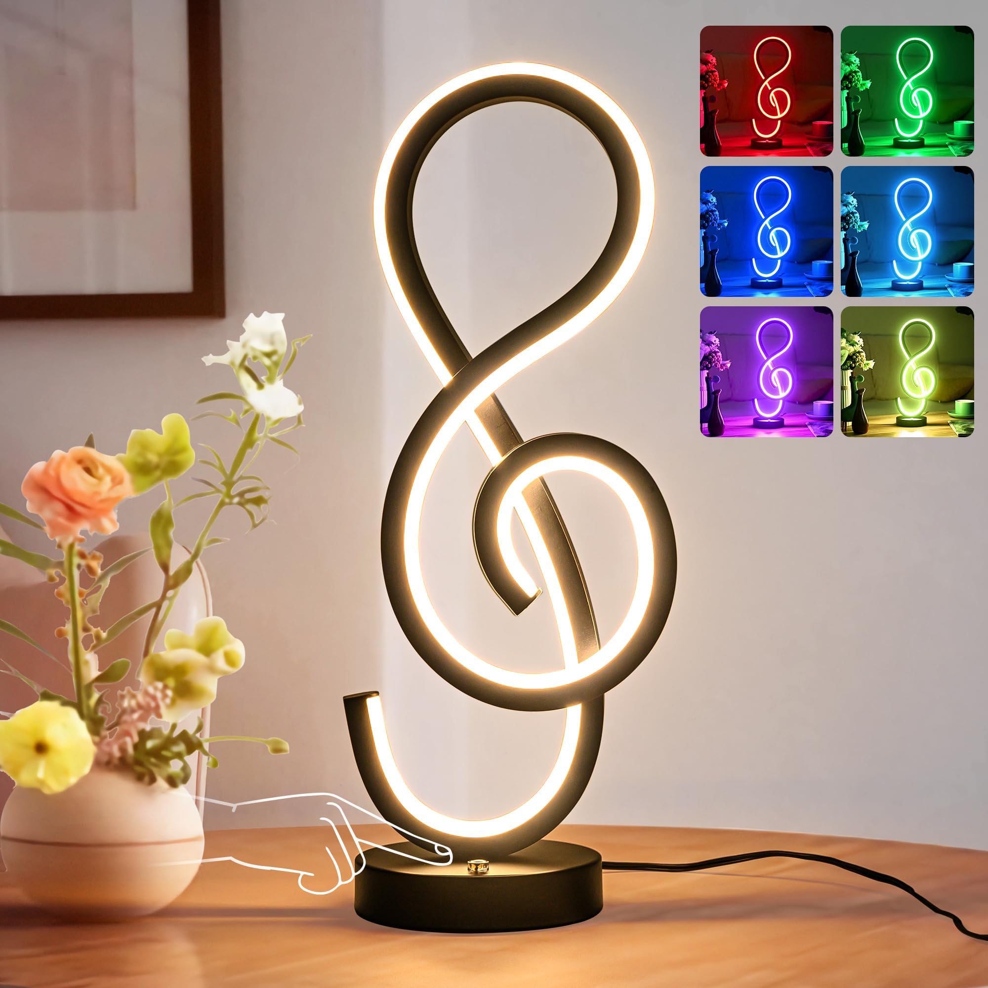 Adebime RGB Modern Table Lamp, LED Spiral Nightstand Lamp with Music Note Design, 7 Colors & 10 Light Modes, Touch Dimmable Beds