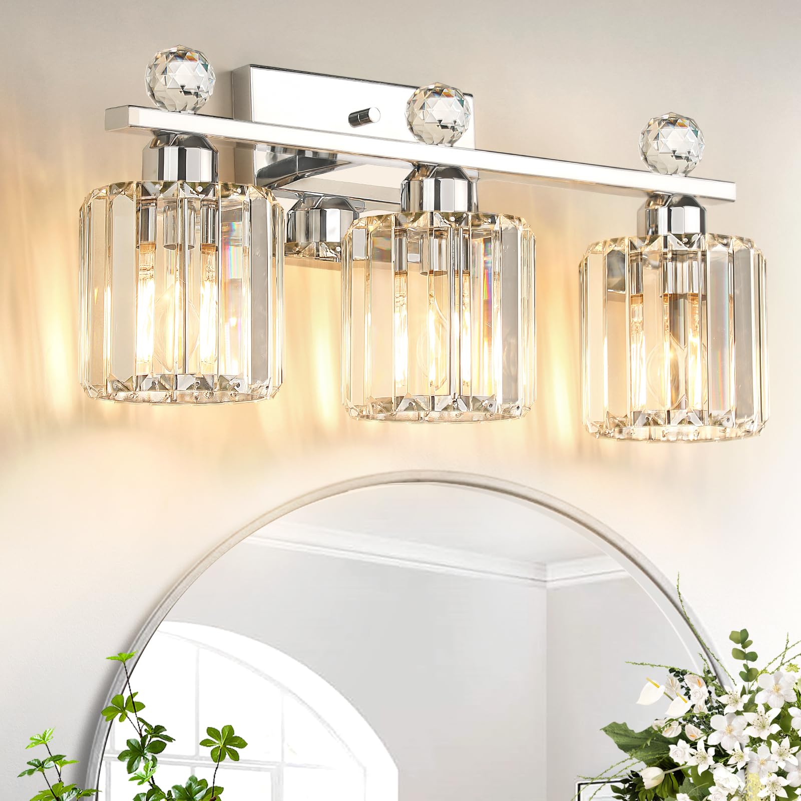 Kunruitai Crystal Bathroom Lighting Fixtures Over Mirror, 3 Light Chrome Brushed Nickel Vanity Light, Modern Bath Wall Sconce Li